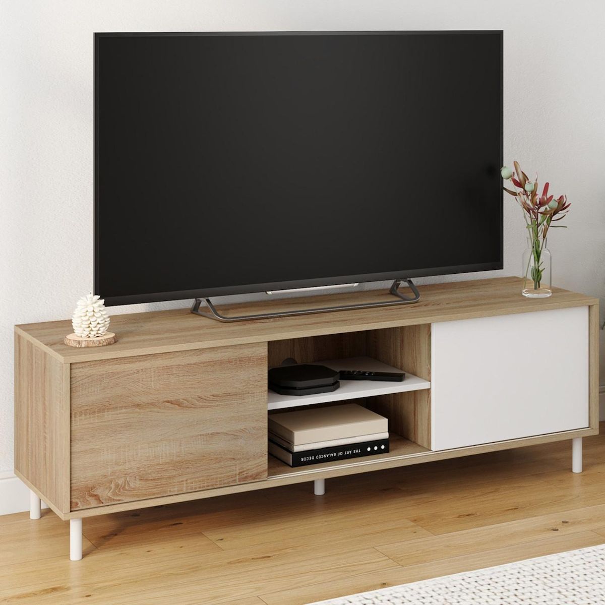 ID MARKET Meuble TV 140 cm EASY montage sans outils 2 portes coulissantes réversibles effet bois et blanc