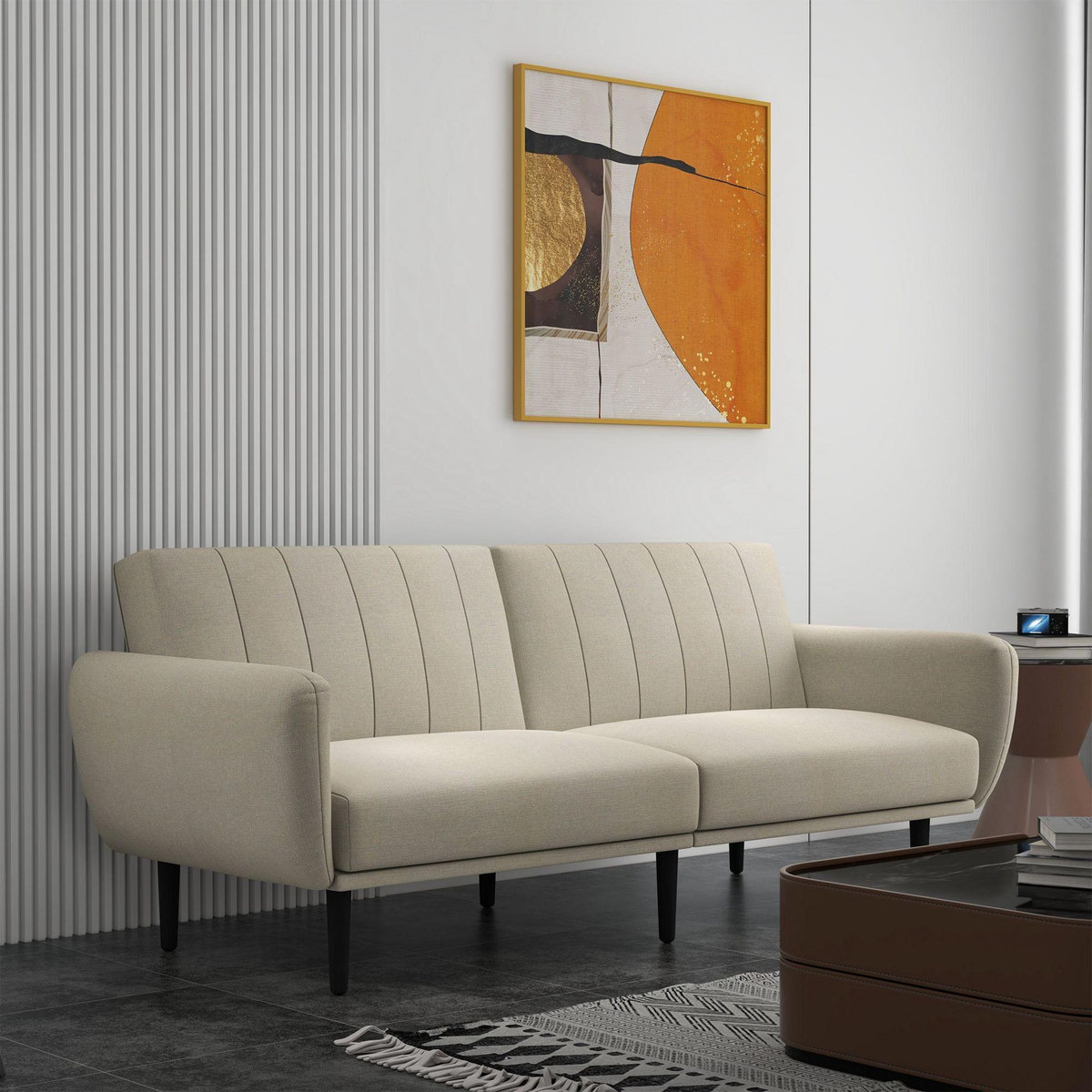 HOMCOM Canapé convertible 3 places design contemporain dossier inclinable modulable bois hévéa noir tissu grège