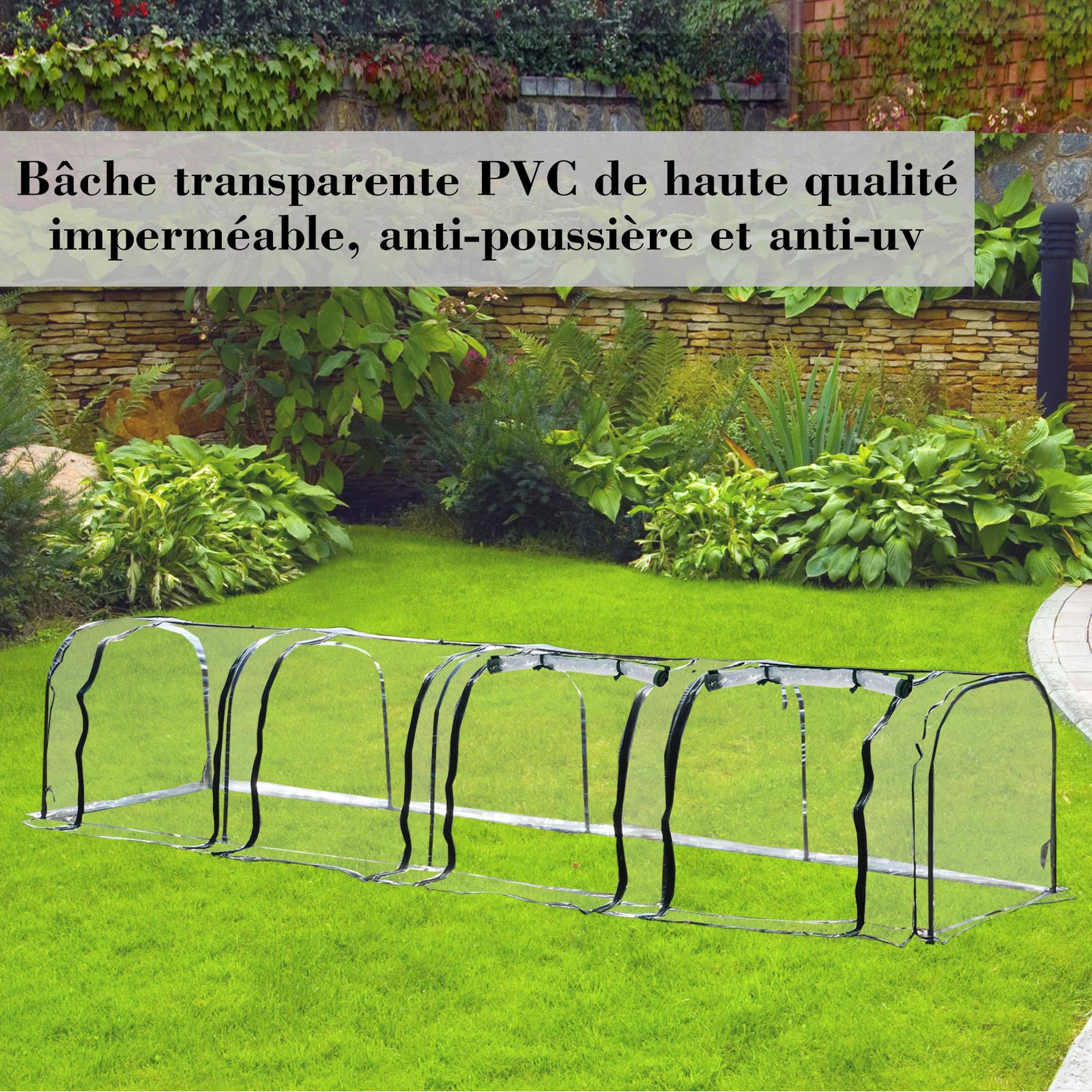 Voir la diapositive 5 : OUTSUNNY Serre de jardin tunnel 3,95L x 1l x 0,8H m 4 portes zippées bâche PVC transparent métal époxy vert