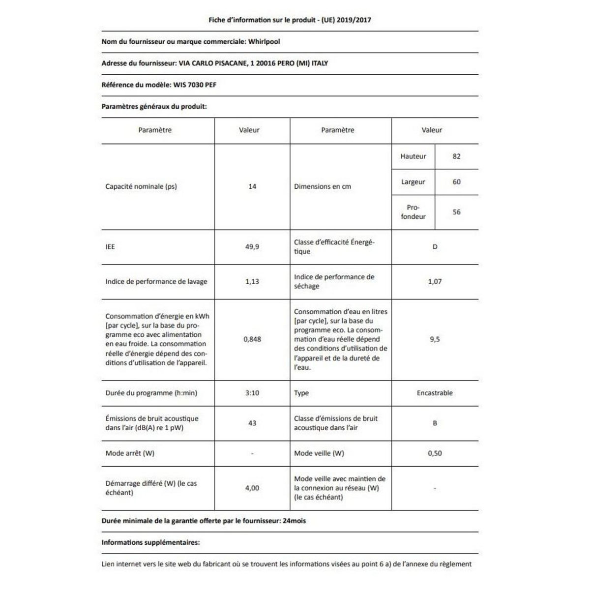 Whirlpool Lave-vaisselle 60cm 14 couverts 43db tout intégrable - WIS7030PEF