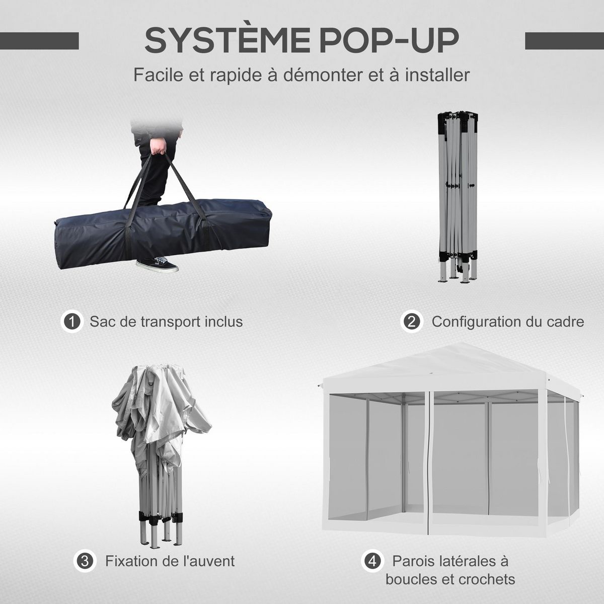 OUTSUNNY Tonnelle barnum pliant style colonial 2,95L x 2,95l x 2,6H m 4 moustiquaires + sac de transport blanc cassé