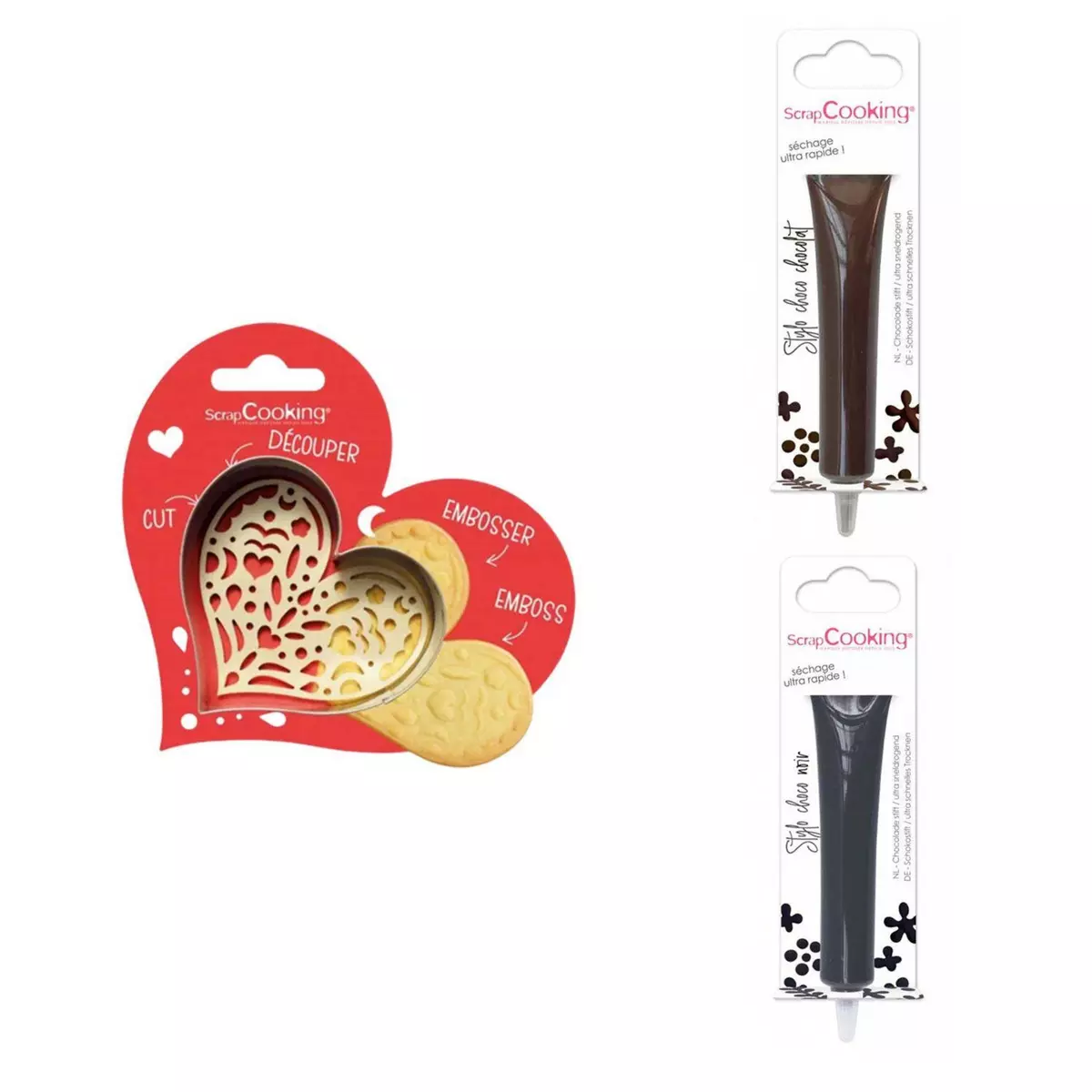 SCRAPCOOKING Kit pour biscuit en relief Coeur + 2 Stylos au chocolat marron et noir