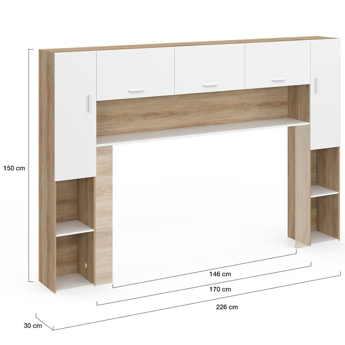 ID MARKET Pont de lit BRIDGET 226 cm avec rangements bois et blanc