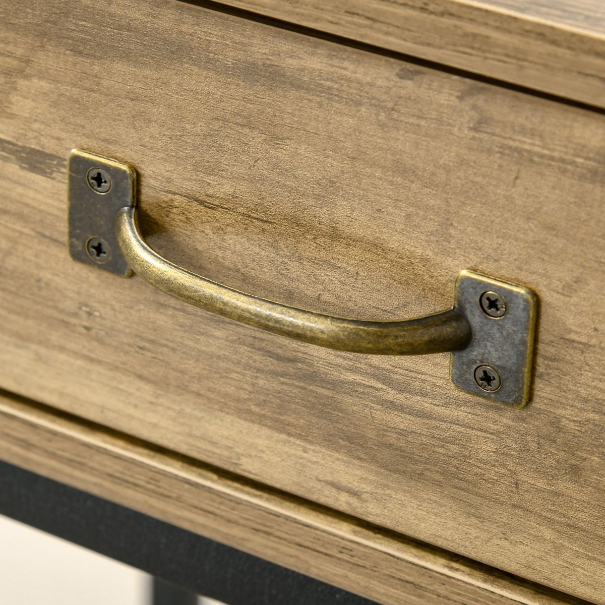 HOMCOM Console table d'appoint design industriel dim. 100L x 35l x 76H cm 2 tiroirs poignées laiton vieilli étagère métal noir aspect bois veinage