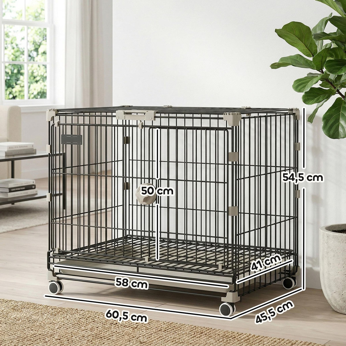 PAWHUT Cage pour Chien Pliable, Plateau Amovible, Roues avec Freins, Toit Ouvrant Verrouillable, Porte de Nourrissage, Niche Chien Interieur pour Petits et Moyens Chiens, 60,5x45,5x54,5cm, Noir