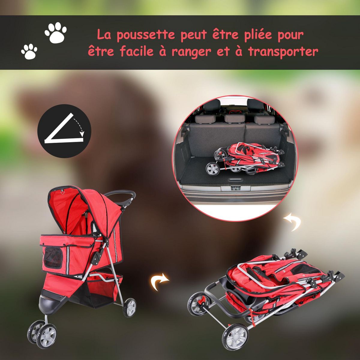 PAWHUT Poussette buggy pour chien chat animaux roue avant pivotante 360 degrés rouge