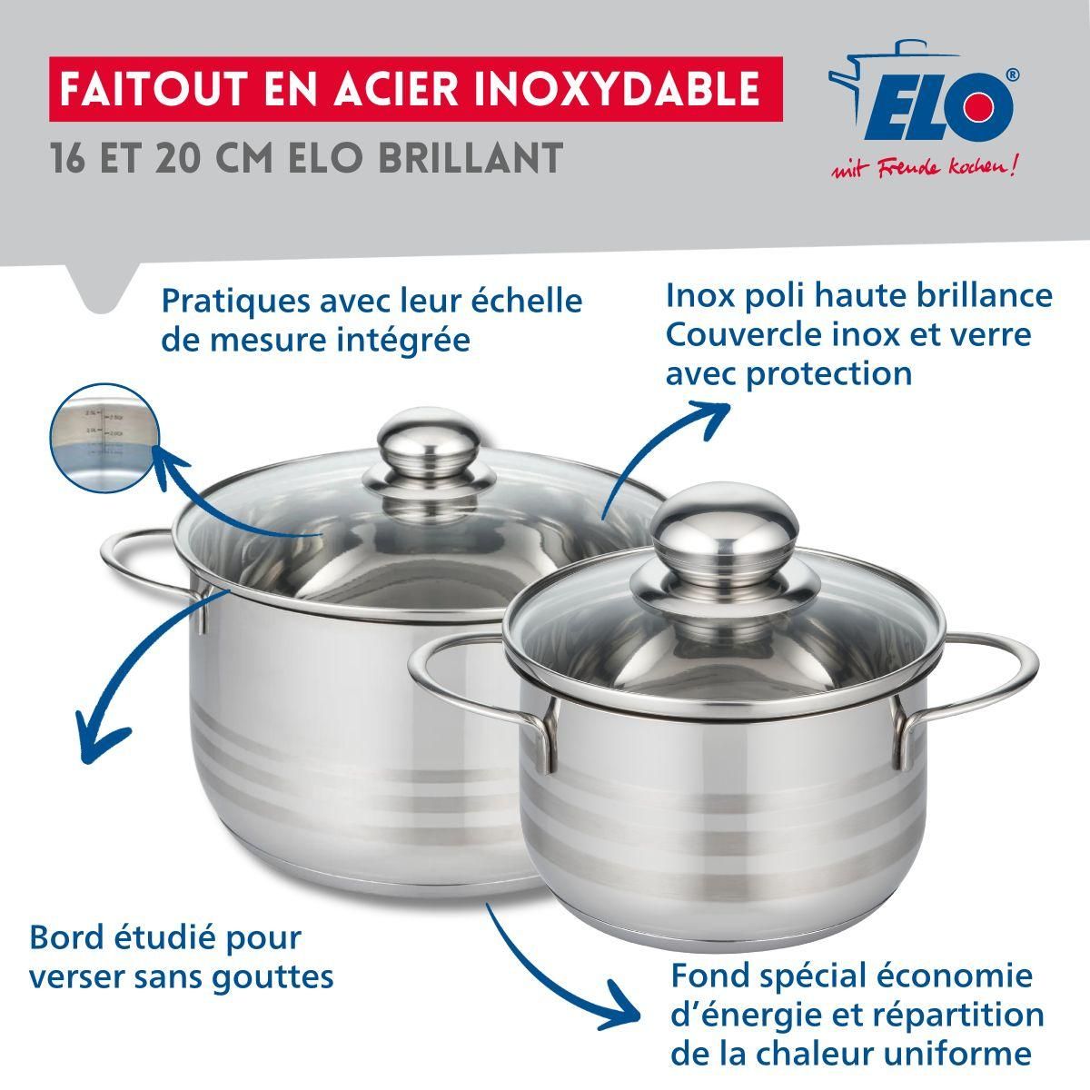 ELO Lot de 2 faitouts 16 et 20 cm en acier inoxydable sans PFAS Elo Brillant