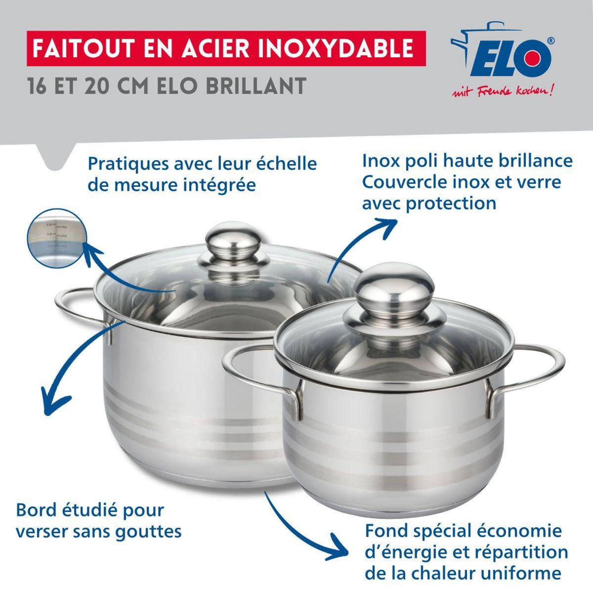 ELO Lot de 2 faitouts 16 et 20 cm en acier inoxydable sans PFAS Elo Brillant
