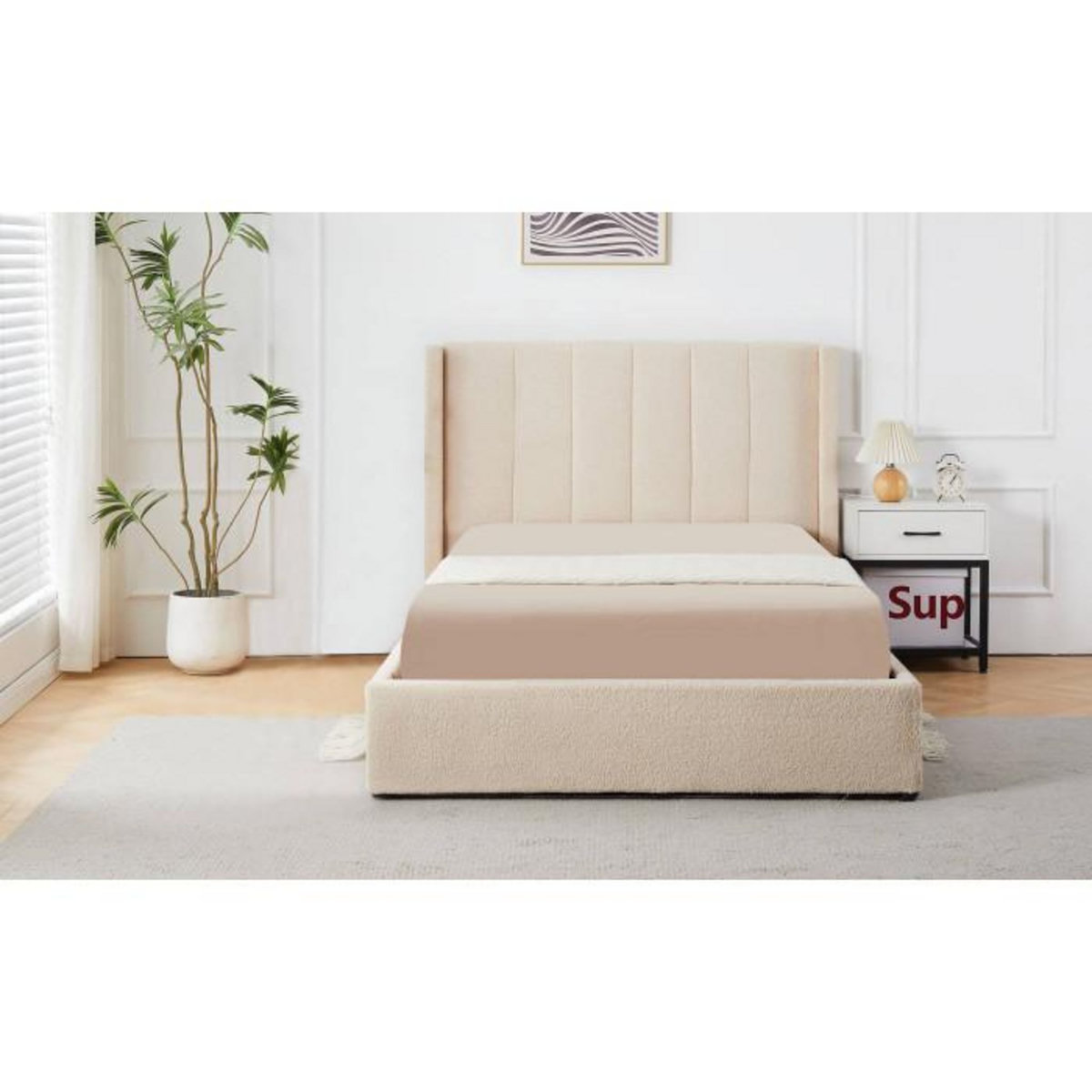 Paris Prix Lit Double Coffre Tissu Bouclette  Somia  140x190cm Crème