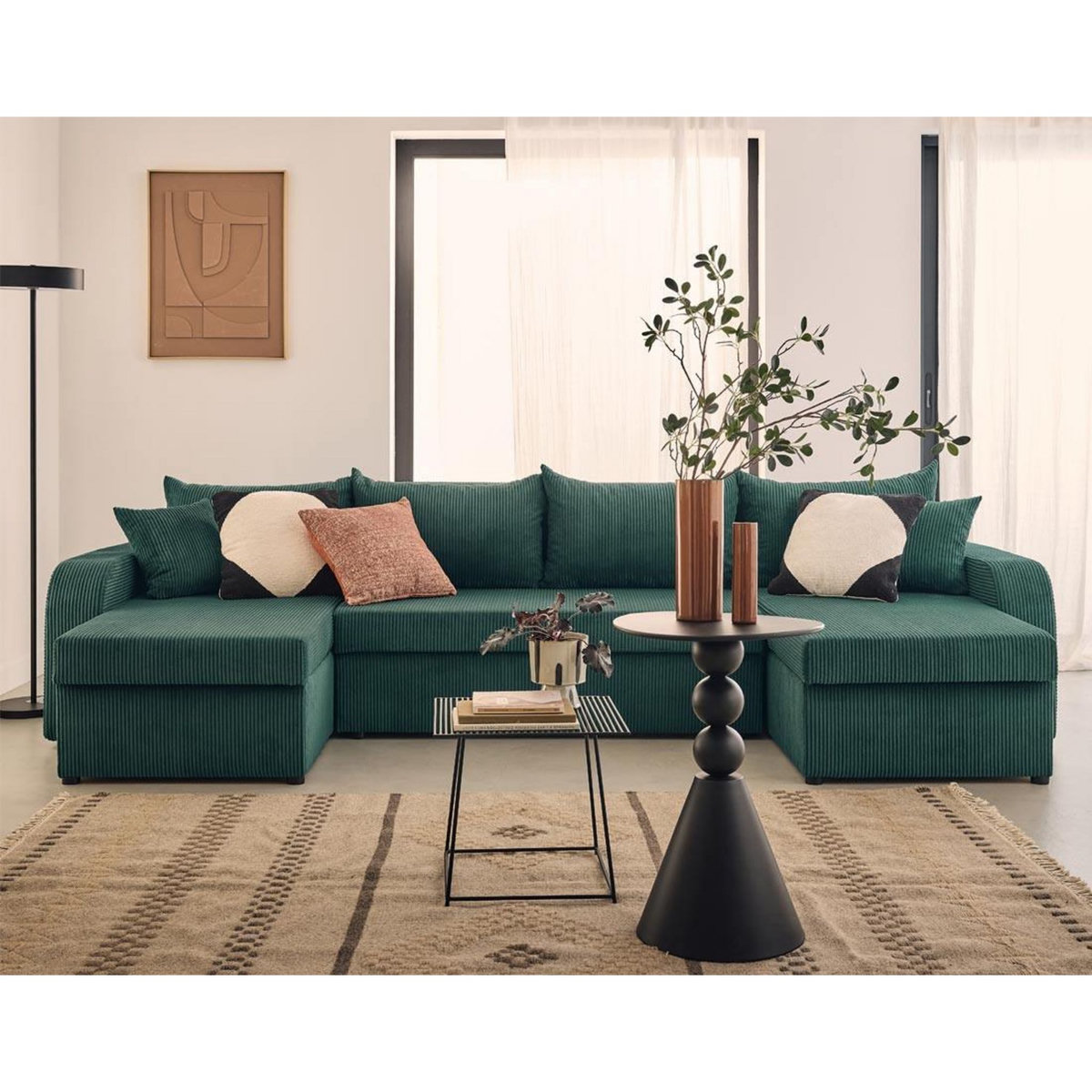 BEST MOBILIER Valos - canapé panoramique en u - 7 places - convertible avec coffres - en velours côtelé