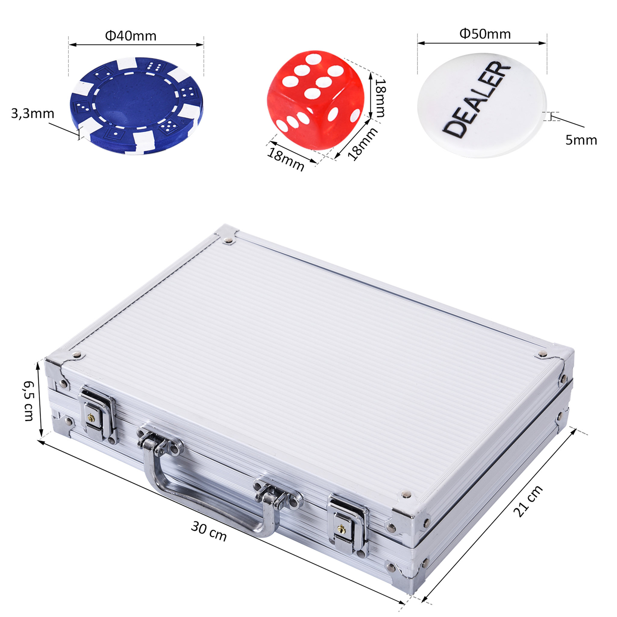 Voir la diapositive 3 : HOMCOM Mallette pro poker coffret complet 30L x 21l x 6,5H cm 200 jetons 2 jeux de cartes + 2 clés aluminium