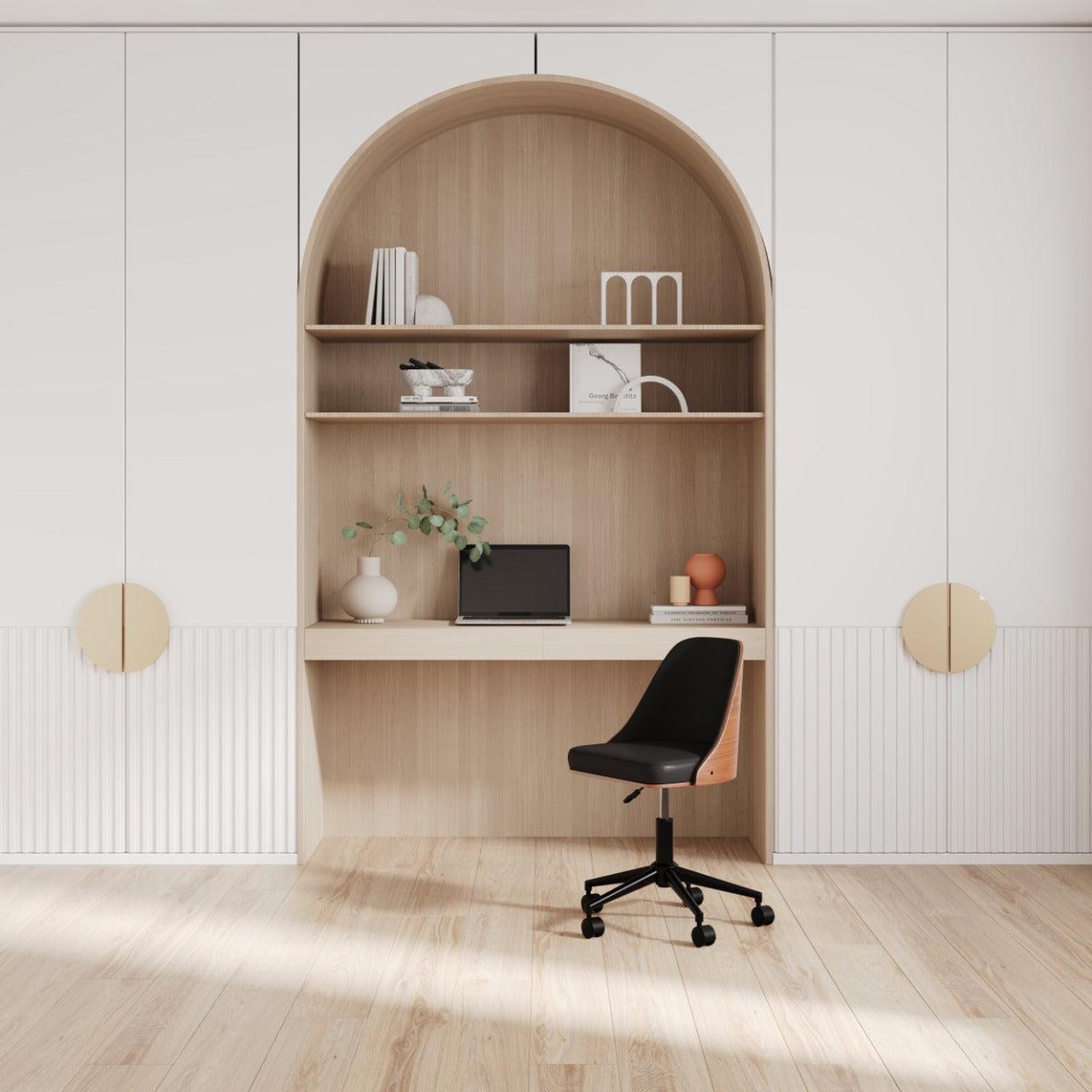 Voir la diapositive 5 : MAISON PAVANE Chaise de bureau pivotante sur roulettes en bois foncé et pu noir-georges