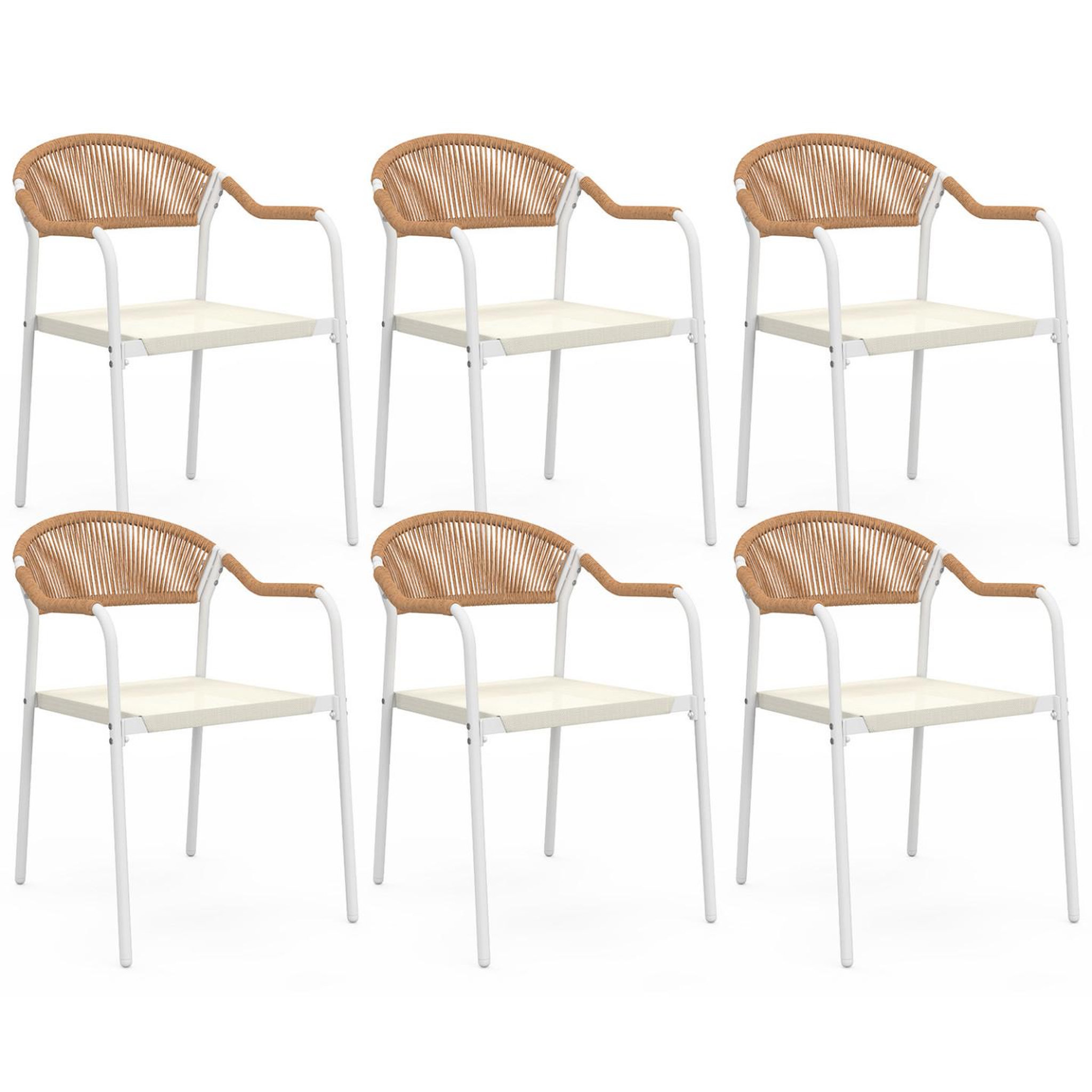 ID MARKET Lot de 6 chaises de jardin madeira métal blanc cordage et textilène beige et rotin clair