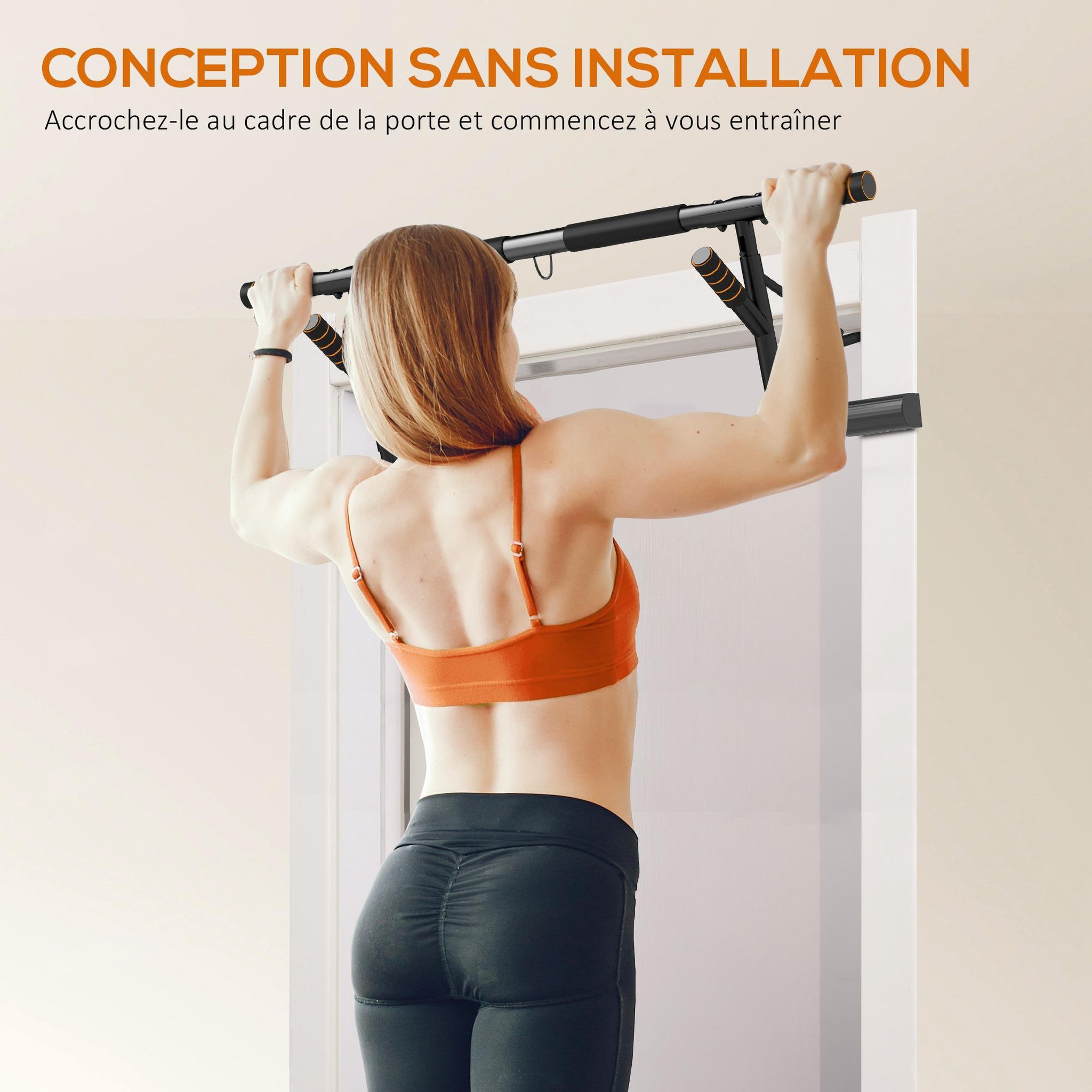 Voir la diapositive 4 : HOMCOM Barre de traction porte 2 bandes de résistance incluses max. 150 kg acier orange noir