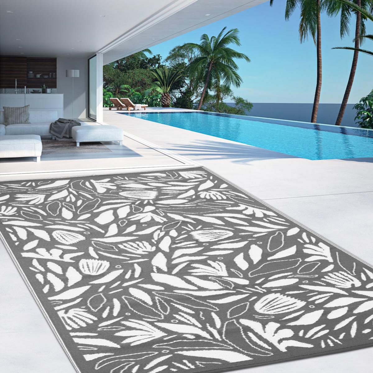 ID MARKET Tapis extérieur FLOWER gris et blanc 180 x 280 CM