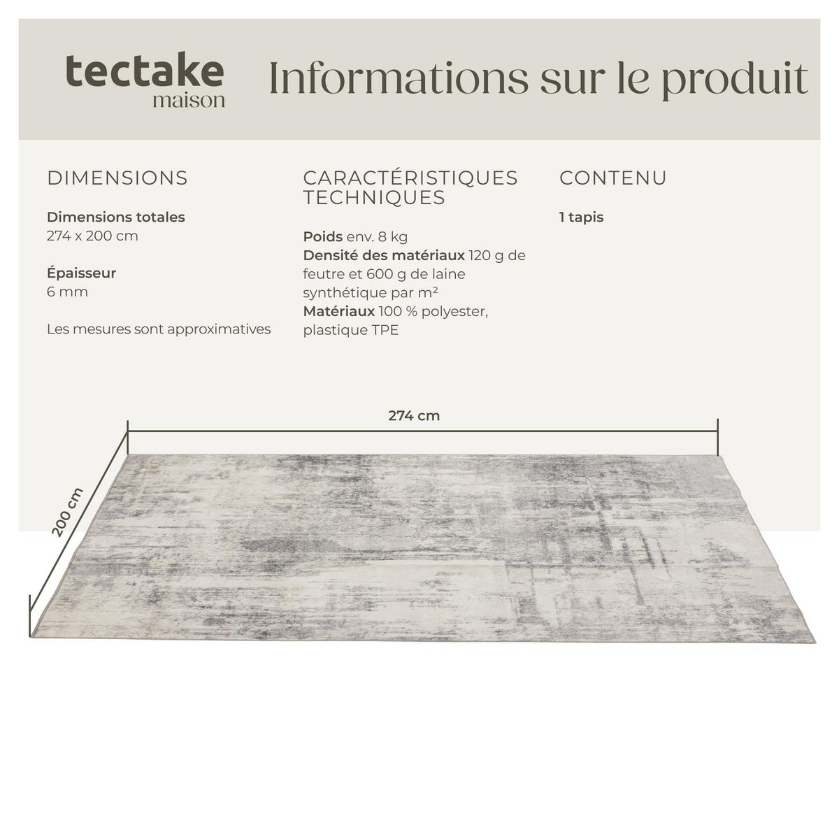 tectake Tapis design vintage à poils courts en laine synthétique et feutre beige/gris 200 x 274 cm