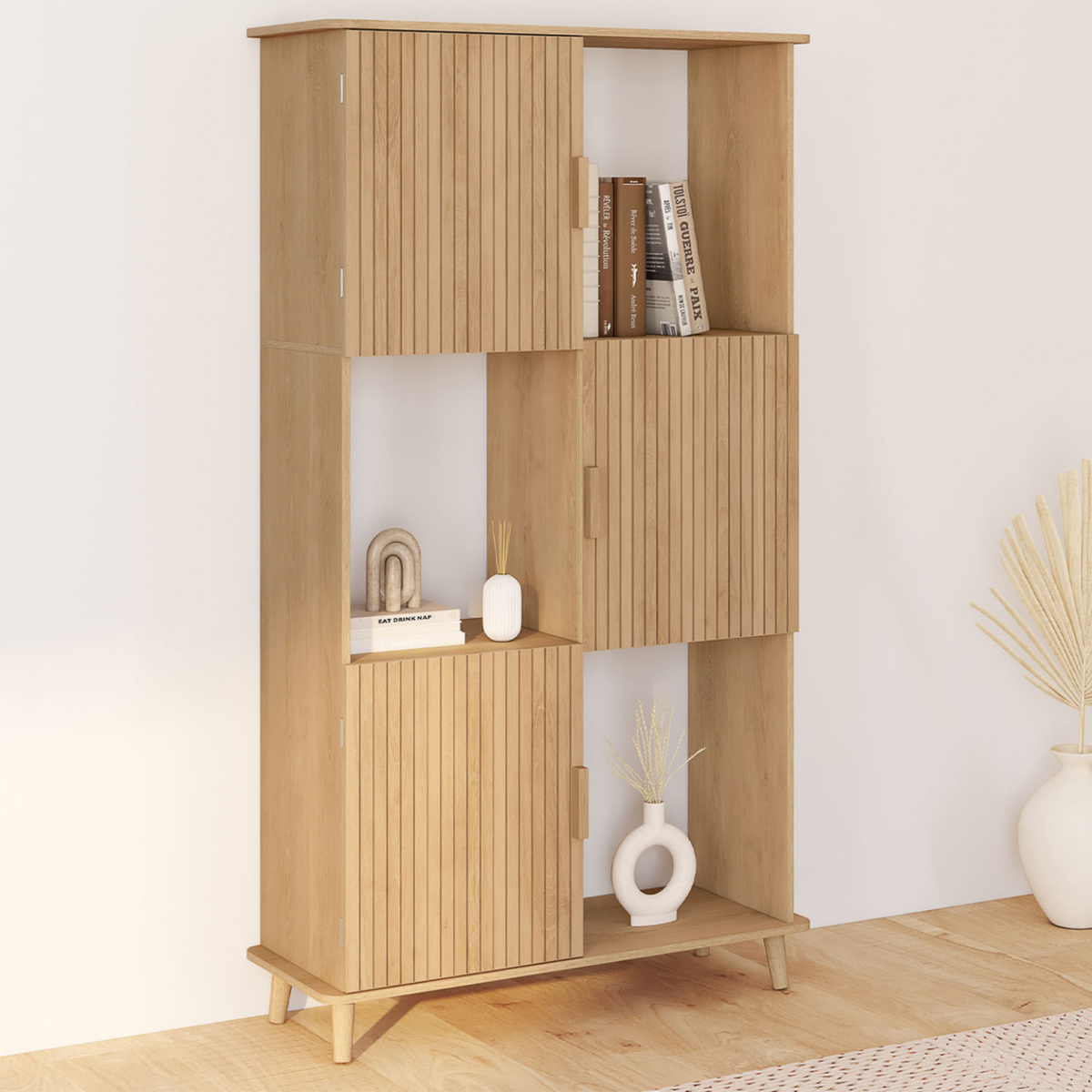 ID MARKET Etagère bibliothèque 6 cases JULIETTE lattes tasseau bois coloris chêne avec placard