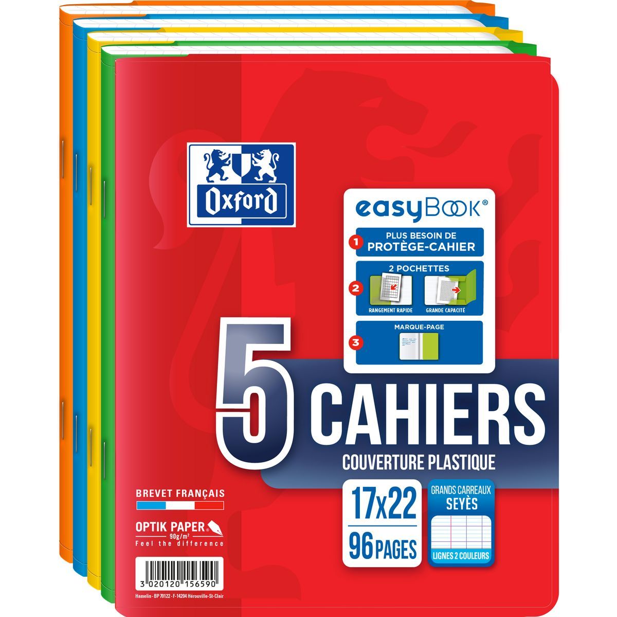 OXFORD Lot de 5 cahiers piqués polypro 17x22cm 96 pages grands carreaux Seyes Easybook