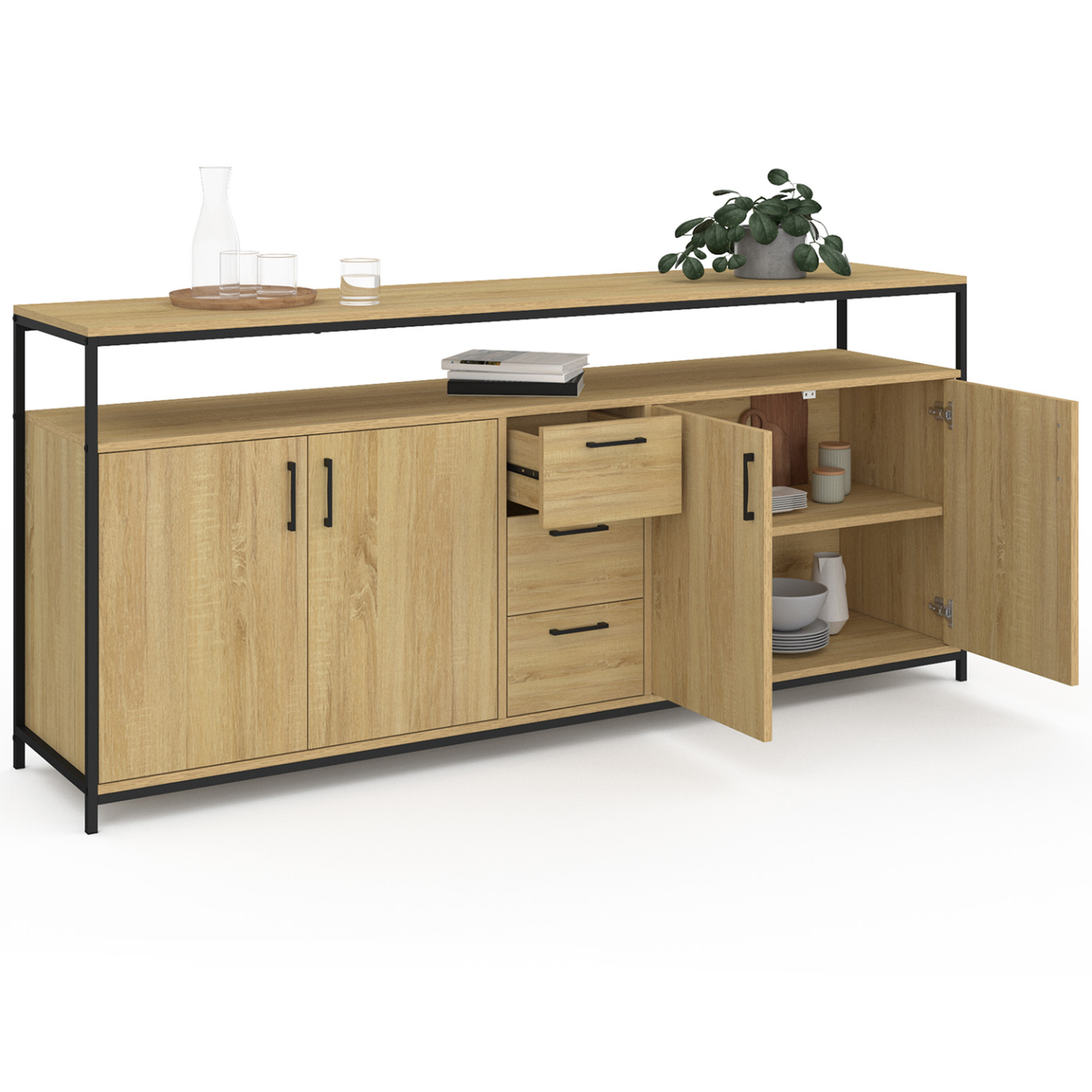 Voir la diapositive 4 : ID MARKET Buffet 180 cm detroit xxl 4 portes et tiroirs design industriel