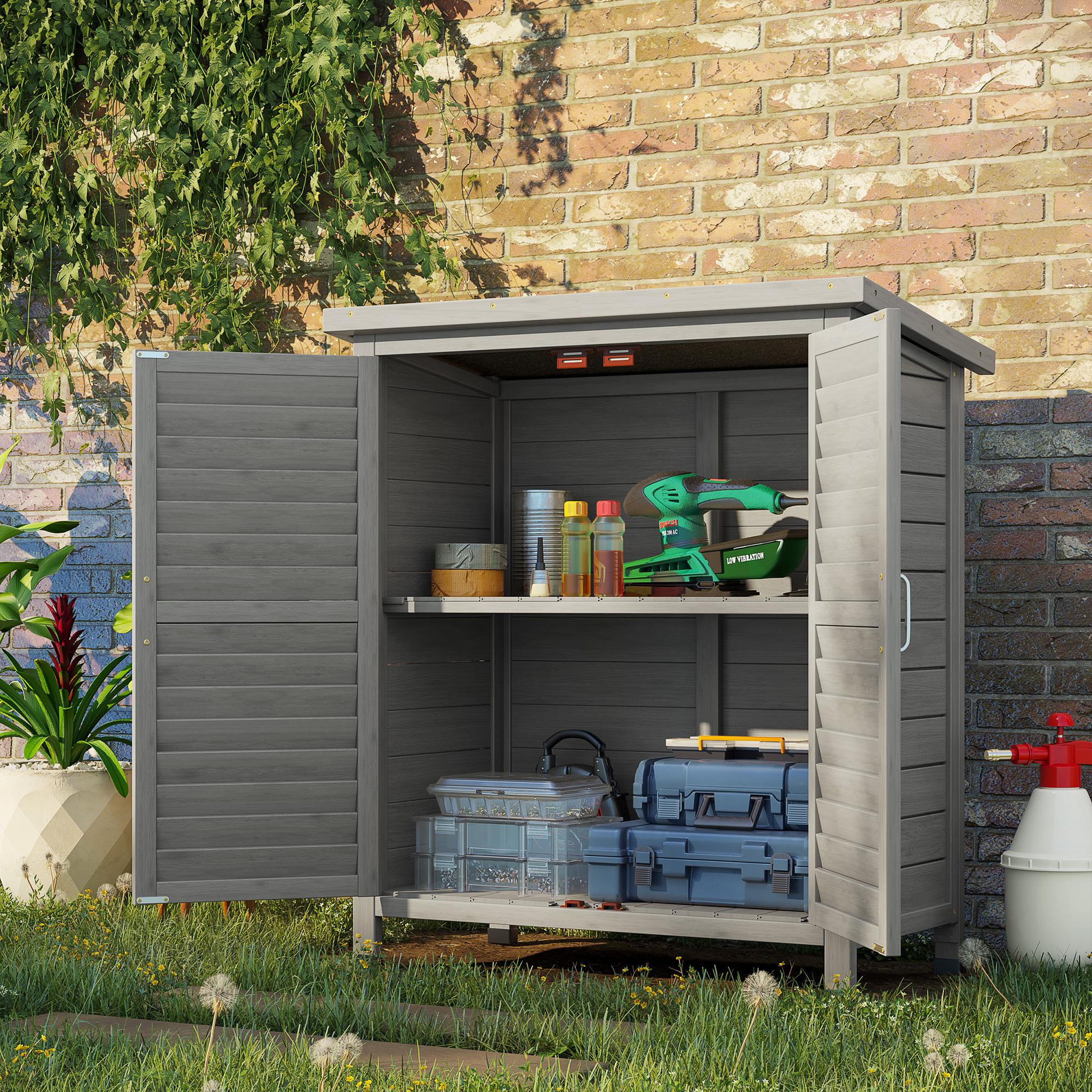Voir la diapositive 4 : OUTSUNNY Armoire de jardin abri jardin remise pour outils sur pied dim. 87L x 46l x 96H cm étagère portes persiennes toit bitumé bois sapin autoclave gris