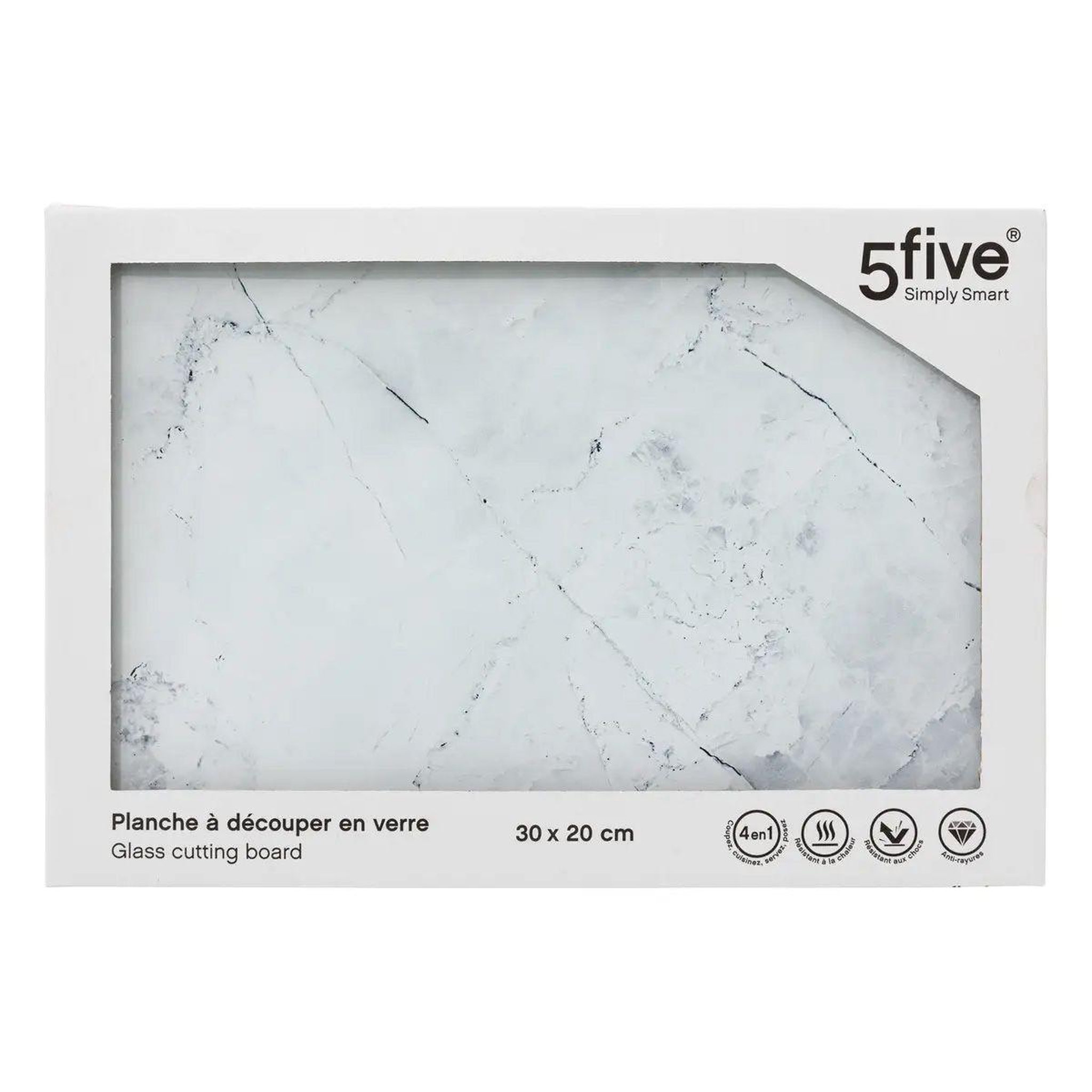 Voir la diapositive 2 : FIVE Planche à découper en verre  marbre  30cm blanc