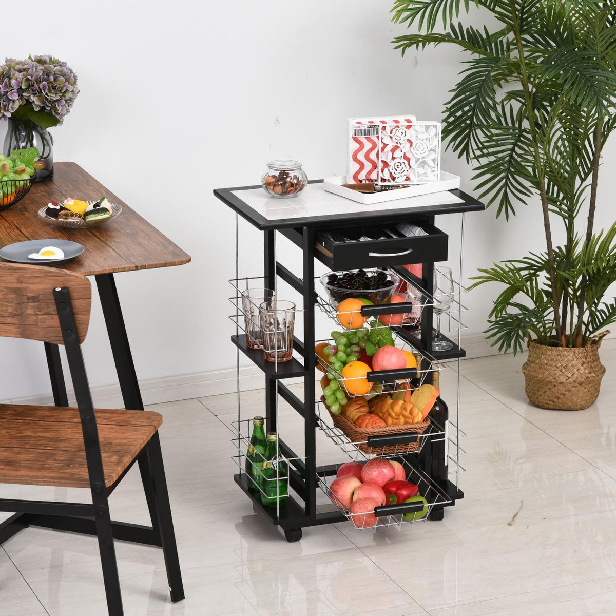 HOMCOM Chariot de service desserte de cuisine à roulettes multi-rangements 4 paniers métal tiroir + 4 range-bouteilles bois pin plateau carrelé