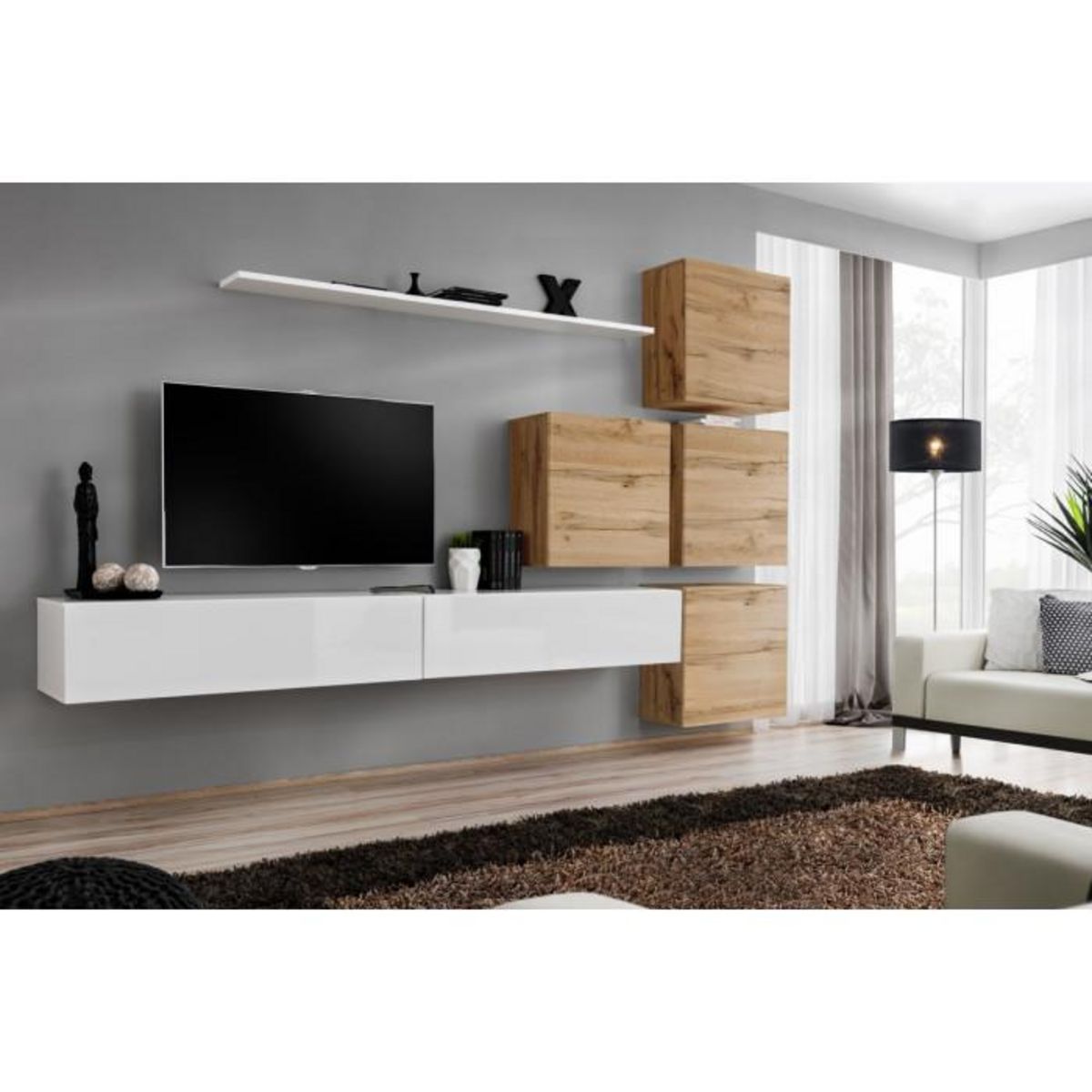 Paris Prix Meuble TV Mural Design  Switch IX  310cm Blanc & Naturel