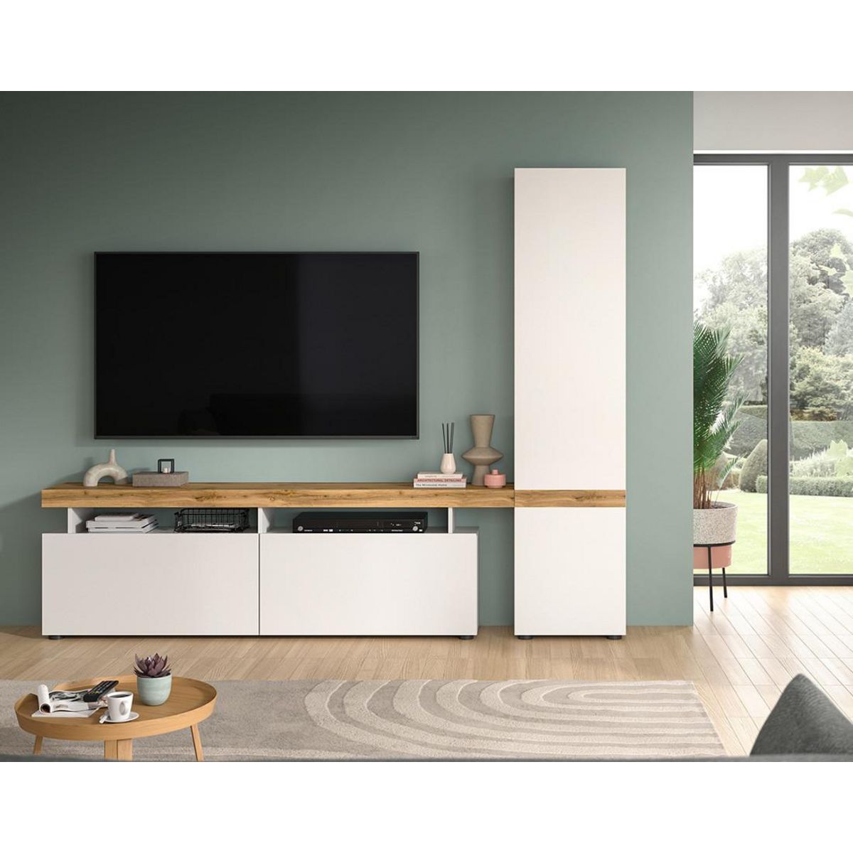 BEST MOBILIER Olivier - meuble tv avec armoire - 3 portes - blanc et effet bois - 235x190 cm