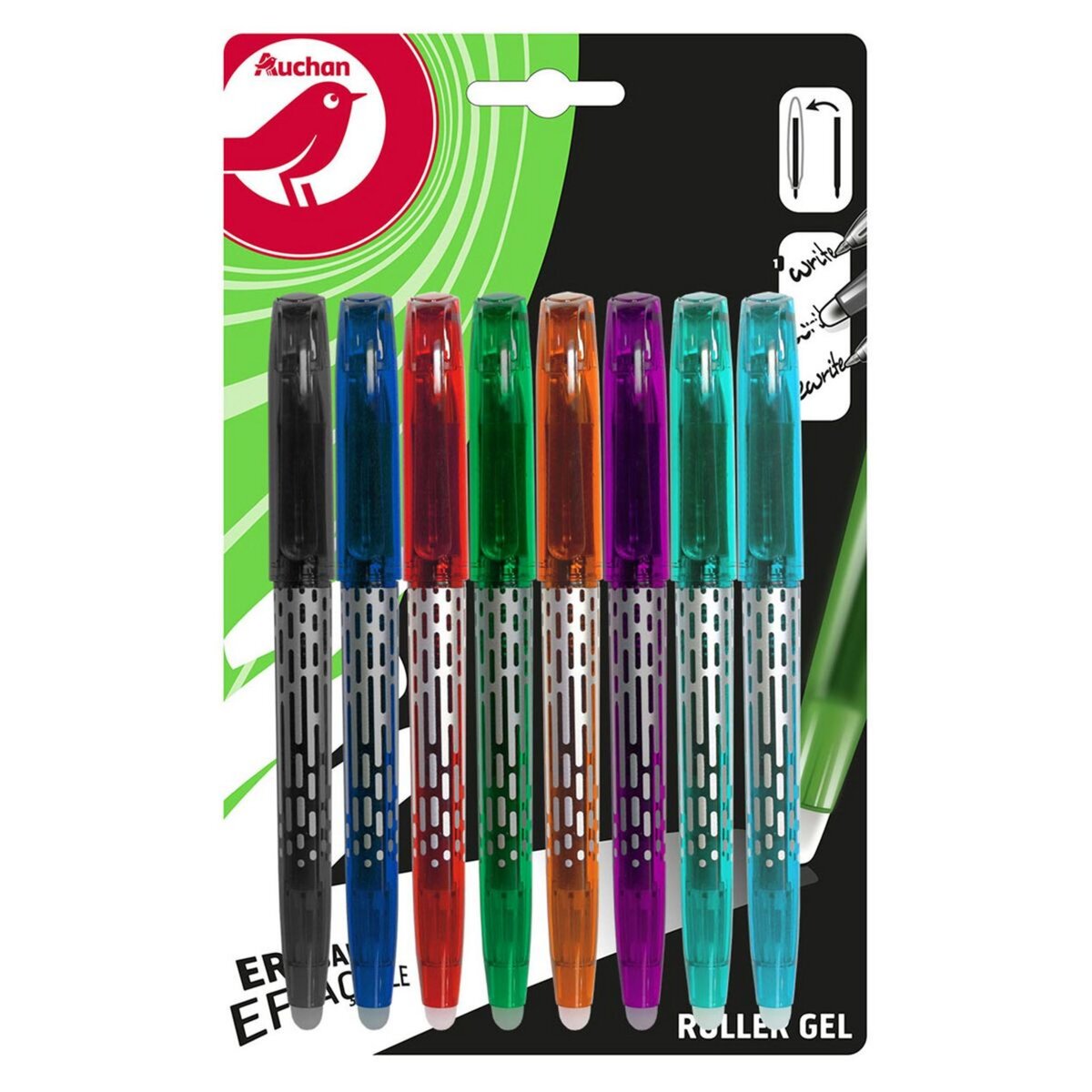 AUCHAN Lot de 8 stylos encre gel effaçable rechargeables pointe moyenne noir/bleu/violet/orange/vert/rouge/vert clair/bleu turquoise
