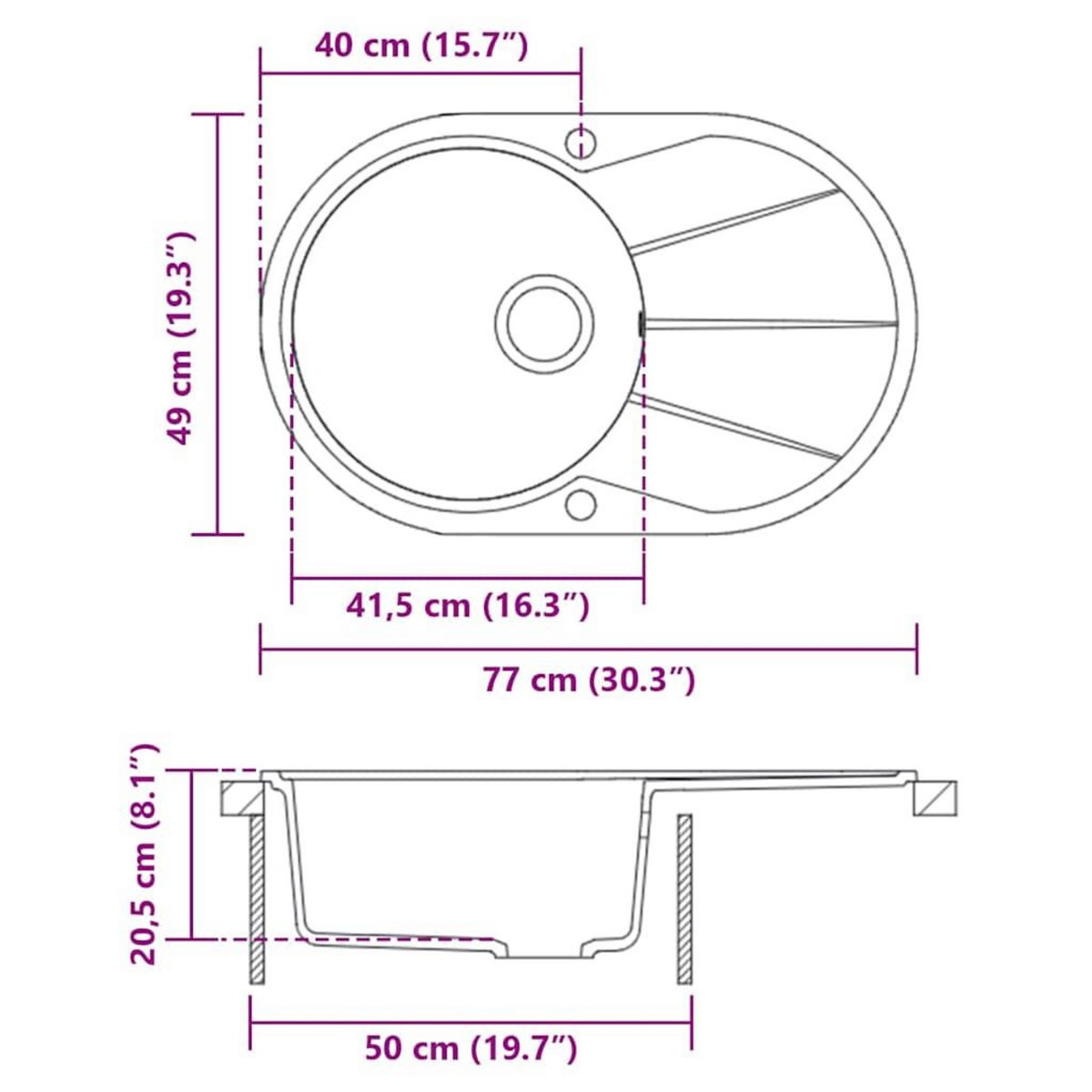 VIDAXL Evier de cuisine en granit Bac unique Ovale Noir