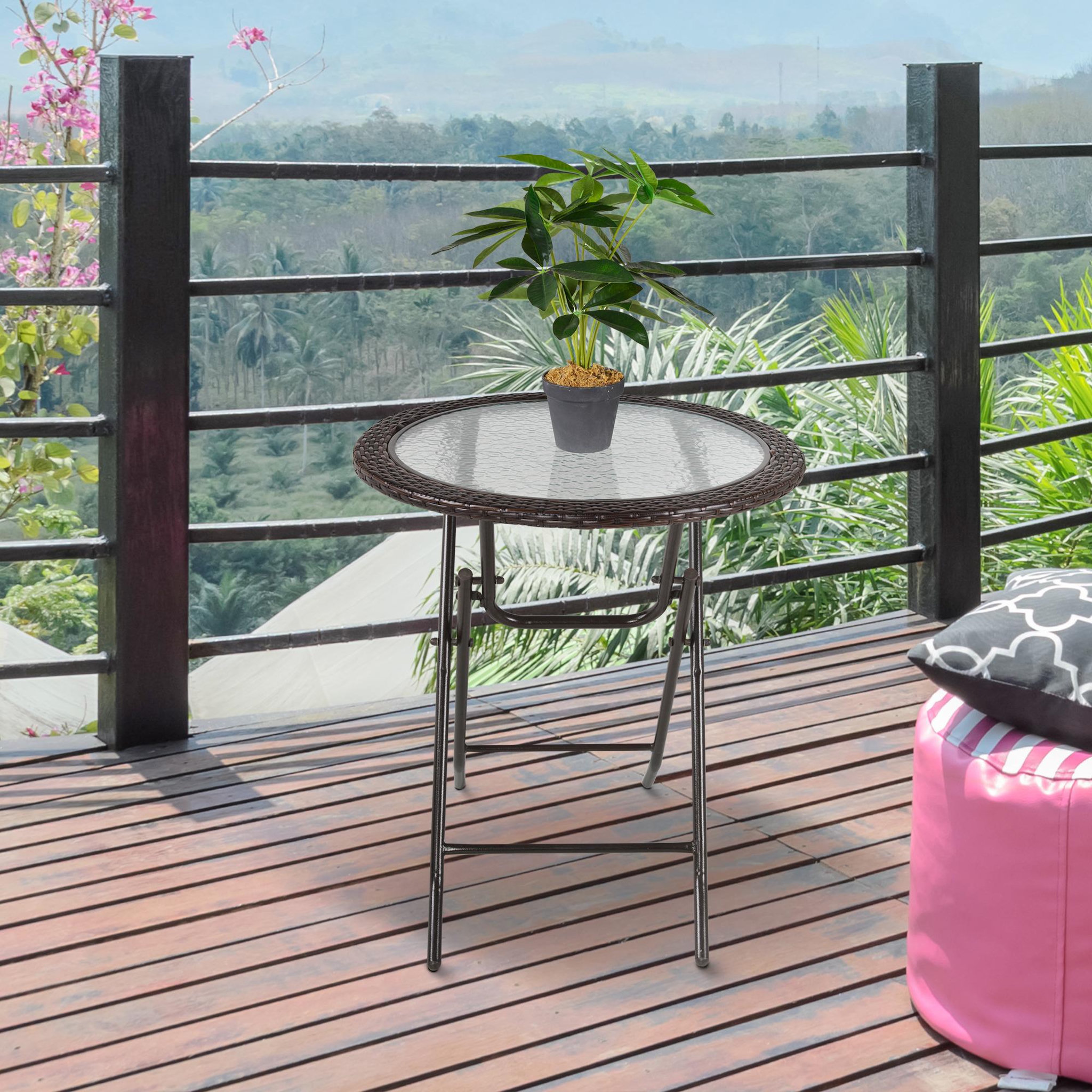 Voir la diapositive 2 : OUTSUNNY Table ronde bistro de jardin pliable dim. Ø 68 x 73H cm métal époxy résine tressée chocolat plateau verre trempé