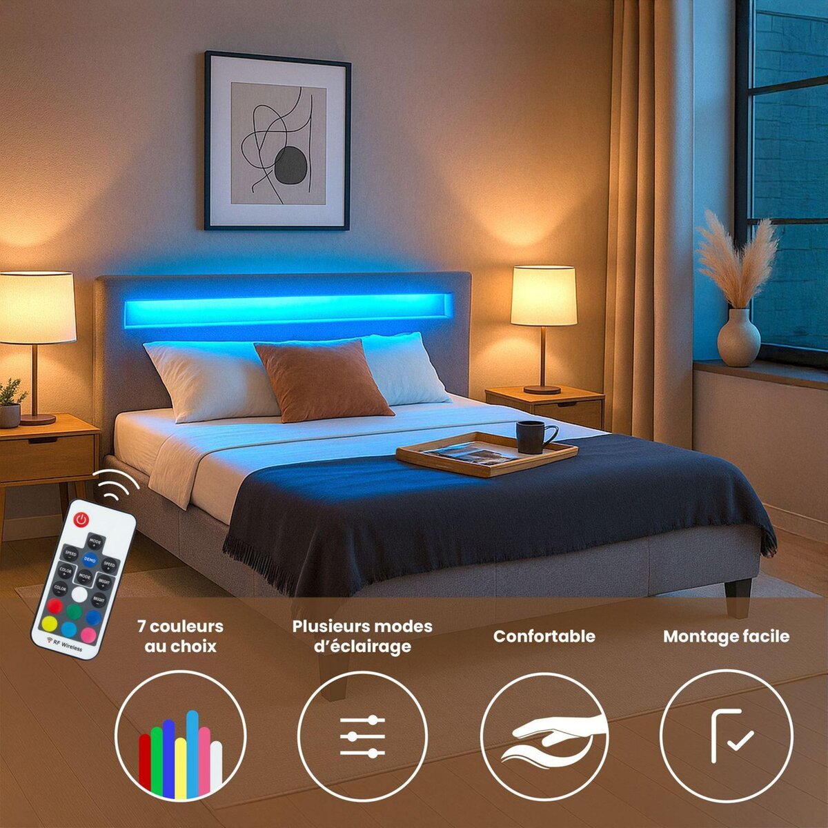 IDIMEX Lit LED double RIOJA 140x190 cm, avec sommier, revêtement tissu