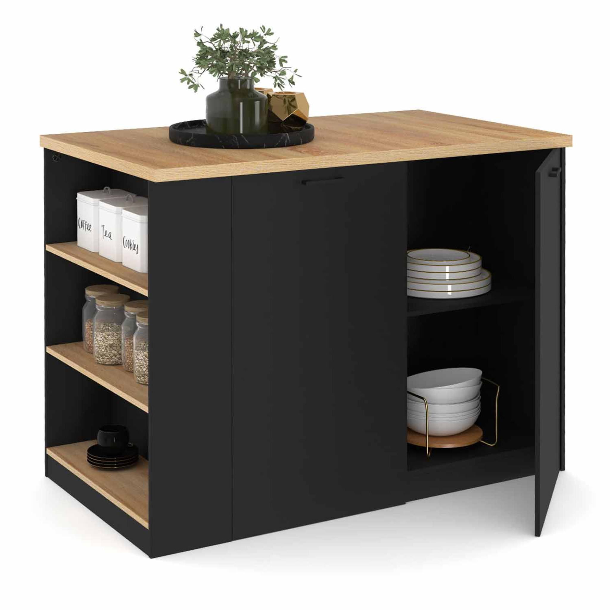 ID MARKET Ilot central tibo 120 cm bois noir avec plan de travail façon hêtre