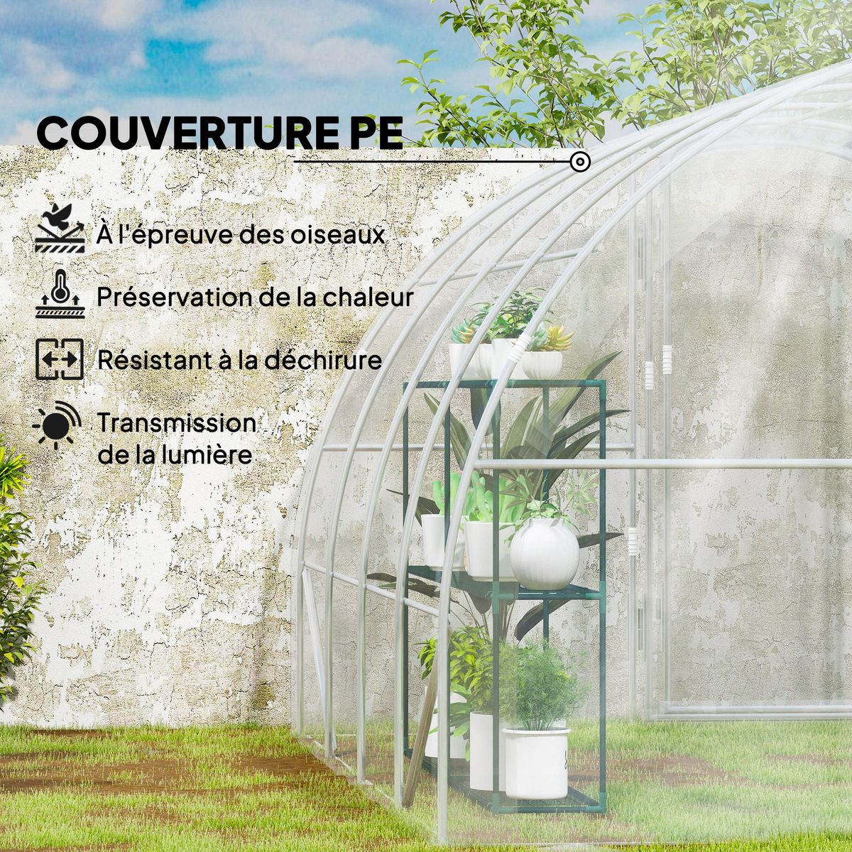 OUTSUNNY Serre tunnel 12 m² - 4 x 3 x 2 m - 2 portes - acier galvanisé PE haute densité transparent