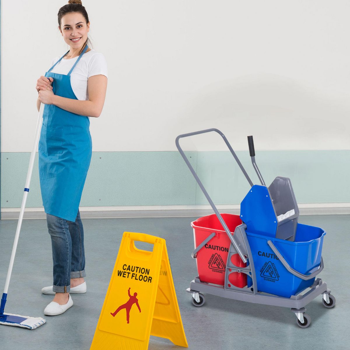 HOMCOM Chariot de lavage chariot de nettoyage professionnel presse à mâchoire 2 seaux 25 L 73L x 45l x 92H cm plastique gris bleu rouge