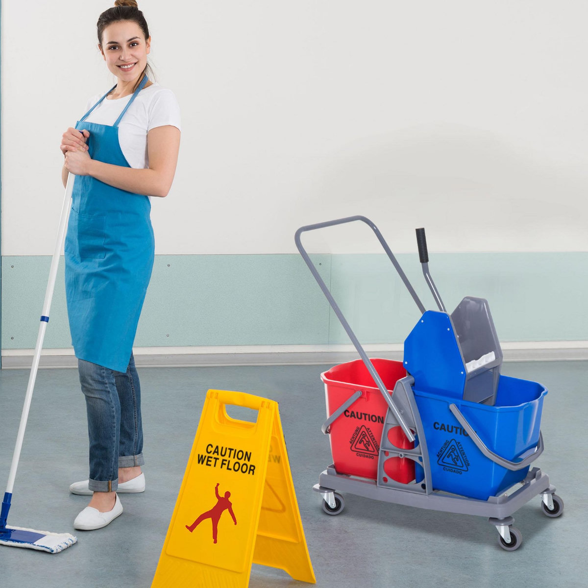 HOMCOM Chariot de lavage chariot de nettoyage professionnel presse à mâchoire 2 seaux 25 L 73L x 45l x 92H cm plastique gris bleu rouge