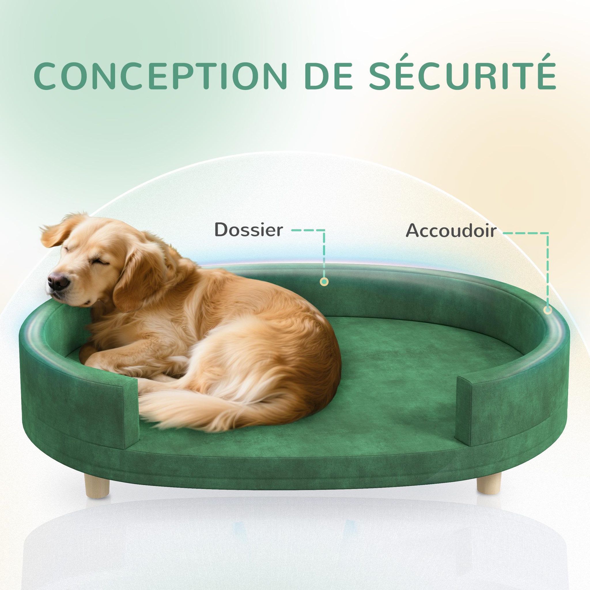 Voir la diapositive 6 : PAWHUT Canapé chien style nordique grande taille dim. 100l x 70l x 25h cm  - coussin amovible - piètement bois velours vert