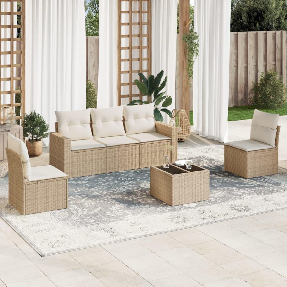 VIDAXL Salon de jardin avec coussins 6 pcs beige resine tressee