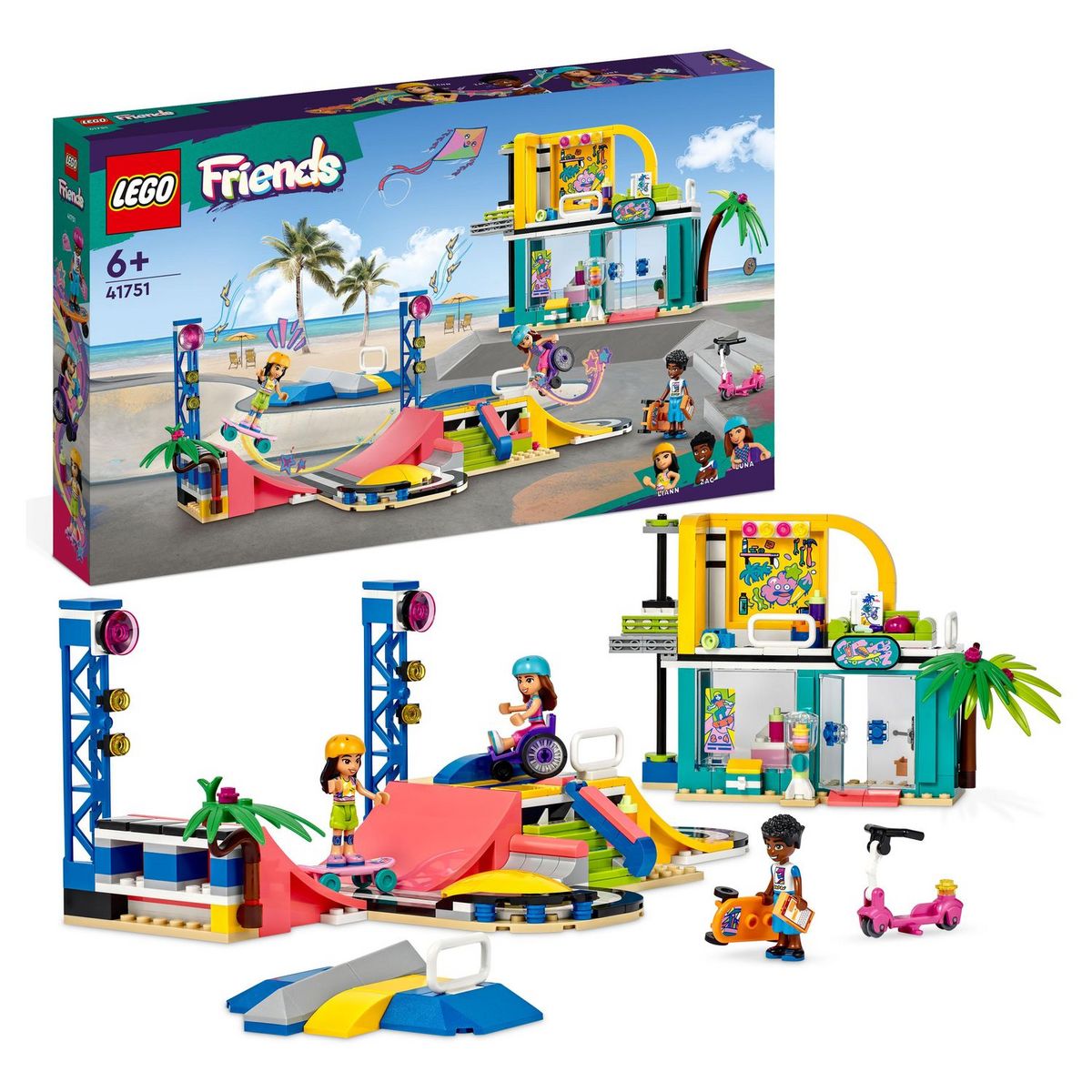 LEGO Friends 41751 Le Skatepark, Jouet de Skateboard, avec Mini-Poupée et Scooter et fauteuil roulant 