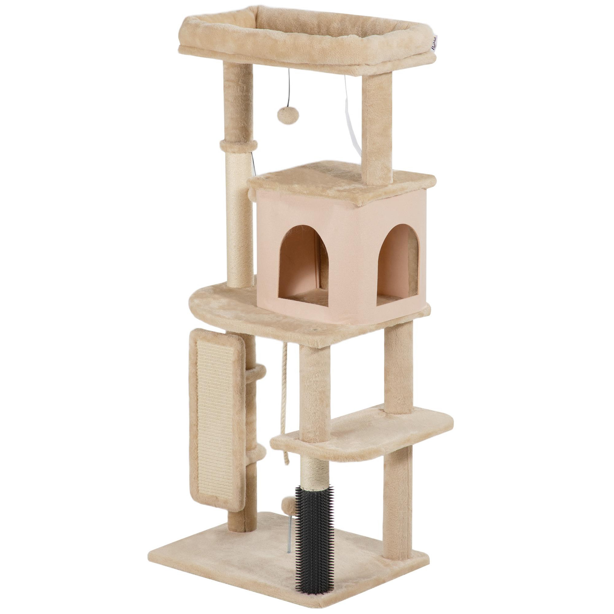 PAWHUT Arbre à chat design beige h.132cm bande massante griffoirs grattoirs nombreux jouets