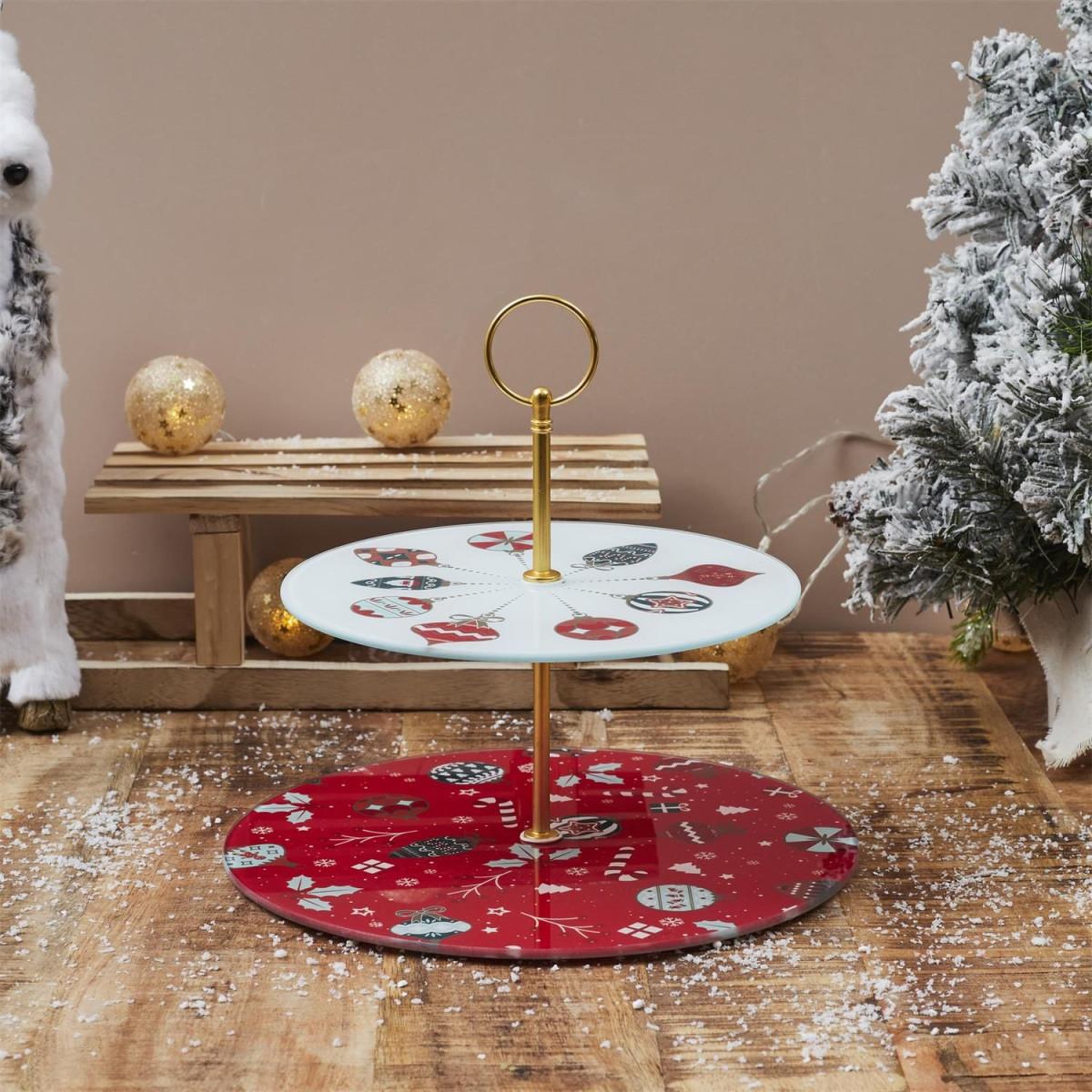Voir la diapositive 2 : The Home Deco Factory Plateau de présentation 2 étages  noël  25cm rouge