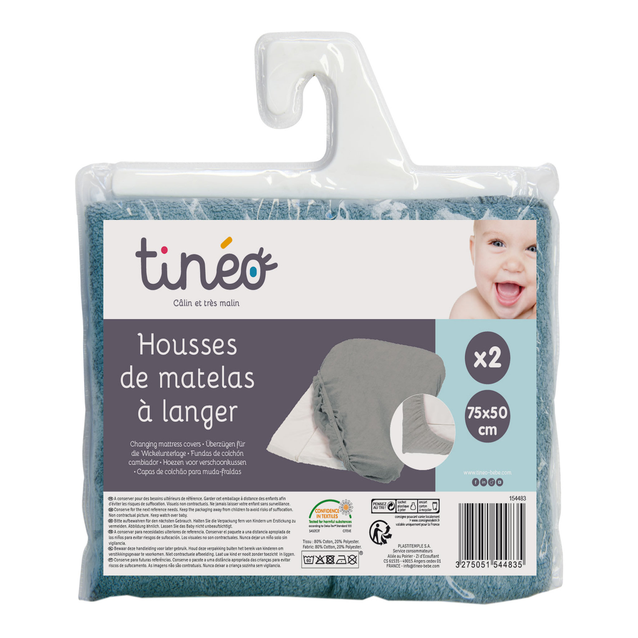 Voir la diapositive 2 : TINEO Lot de 2 housses pour matelas à langer en éponge 60 x 34 cm