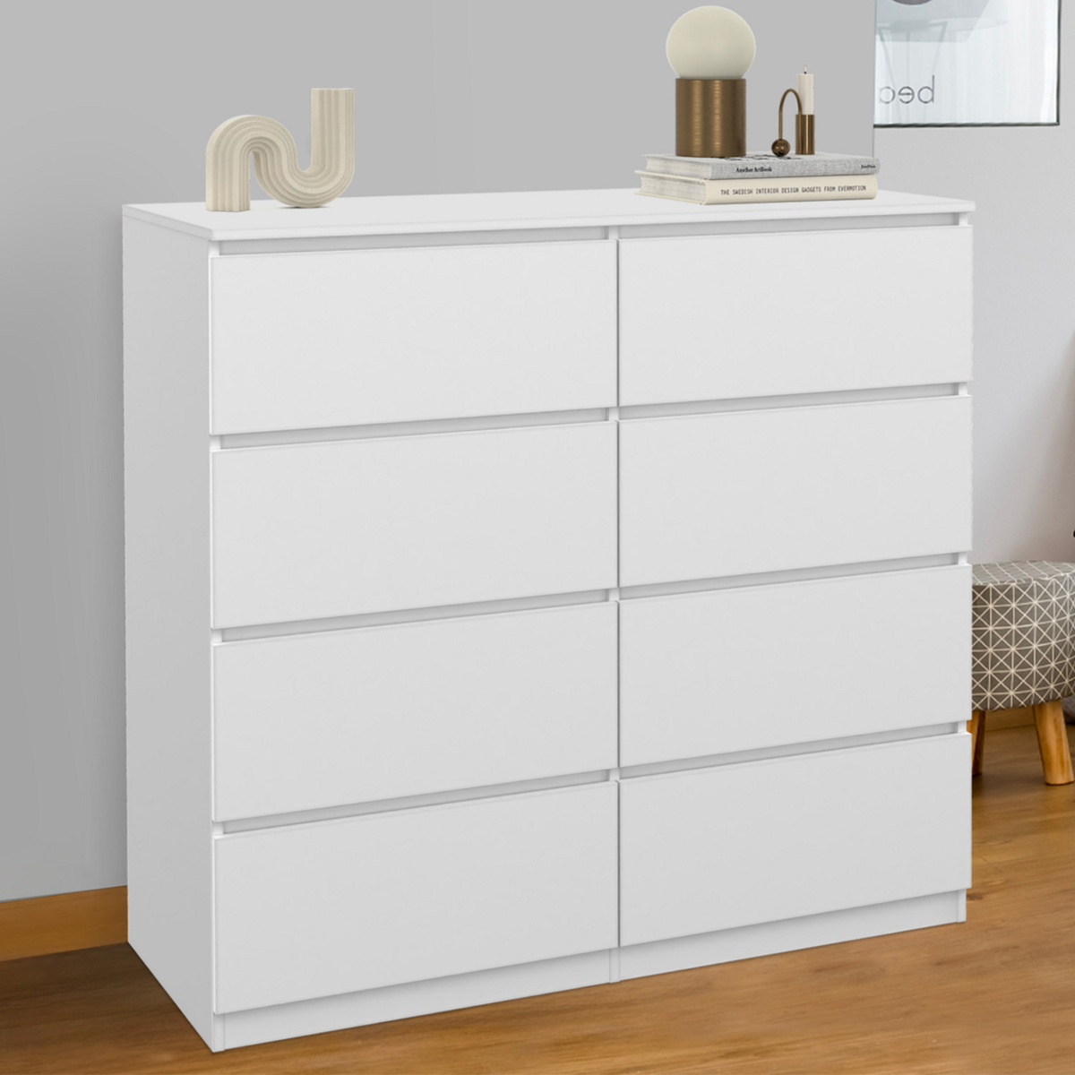 ID MARKET Commode 8 tiroirs TOMI 110 cm bois blanc