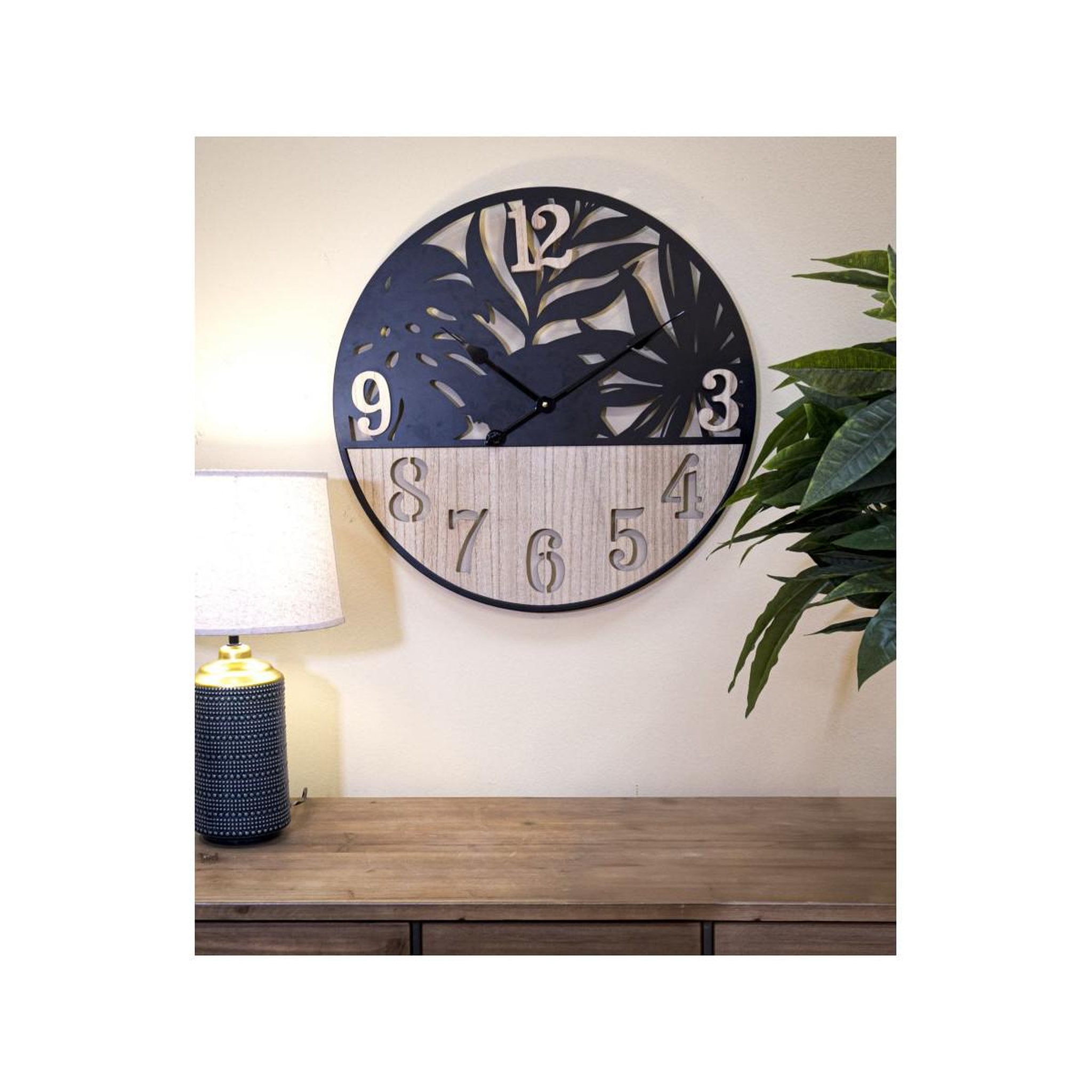 Voir la diapositive 5 : Paris Prix Horloge murale en métal  palm  60cm naturel & noir