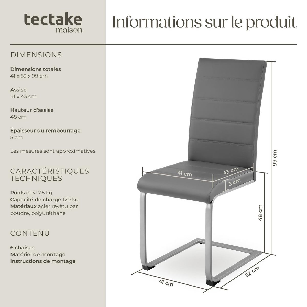 tectake Ensemble de chaises de salle à manger rembourré avec revêtement aspect cuir gris Lot de 6
