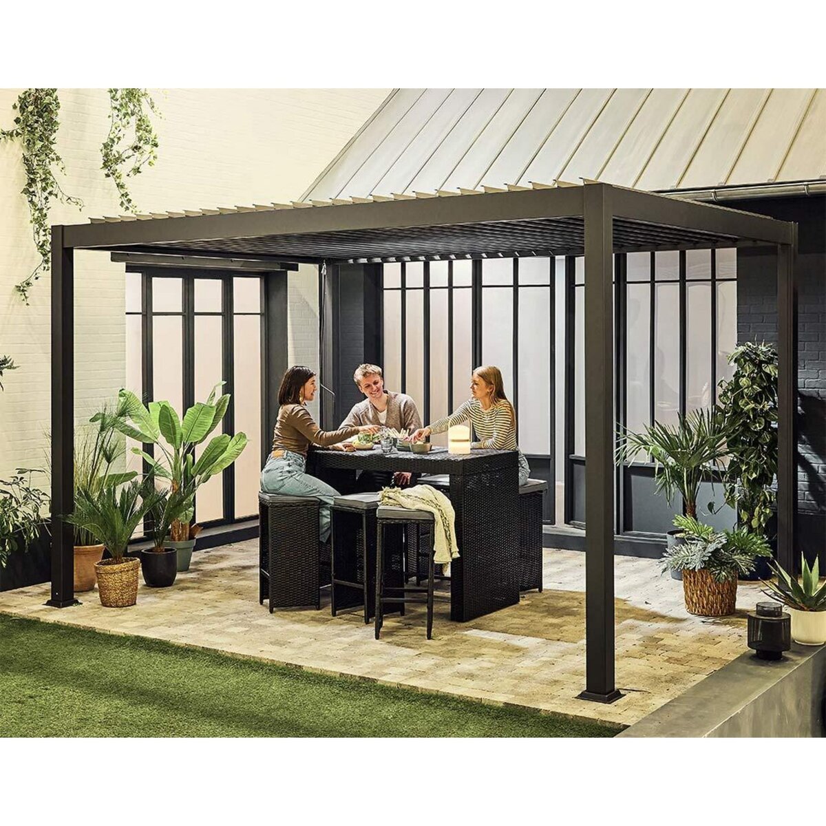 BEST MOBILIER Yoana – ensemble table haute et tabourets de jardin en résine noir - 6 places - coussins gris