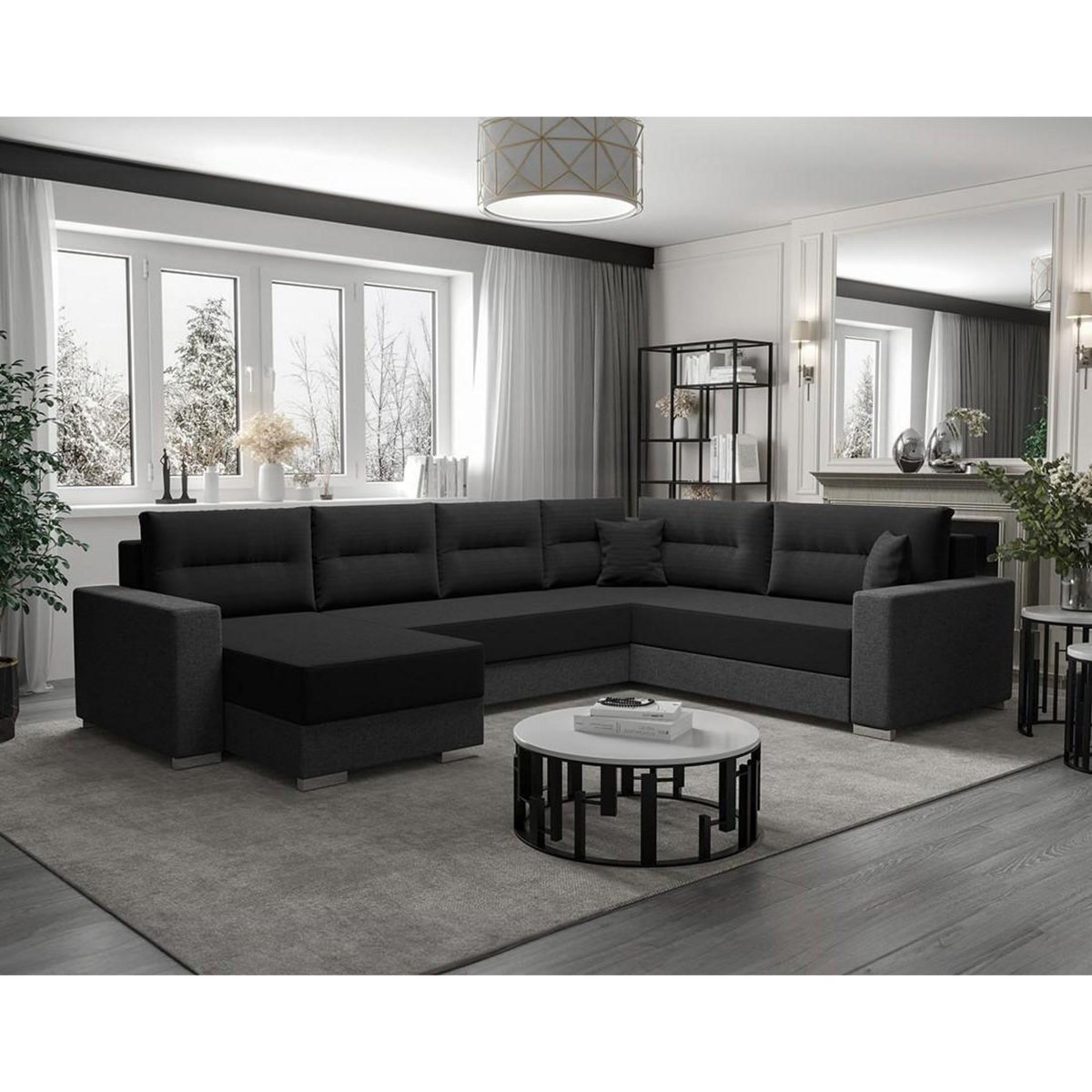 BEST MOBILIER Leslie - canapé panoramique d'angle réversible 7 places convertible avec coffre en tissu