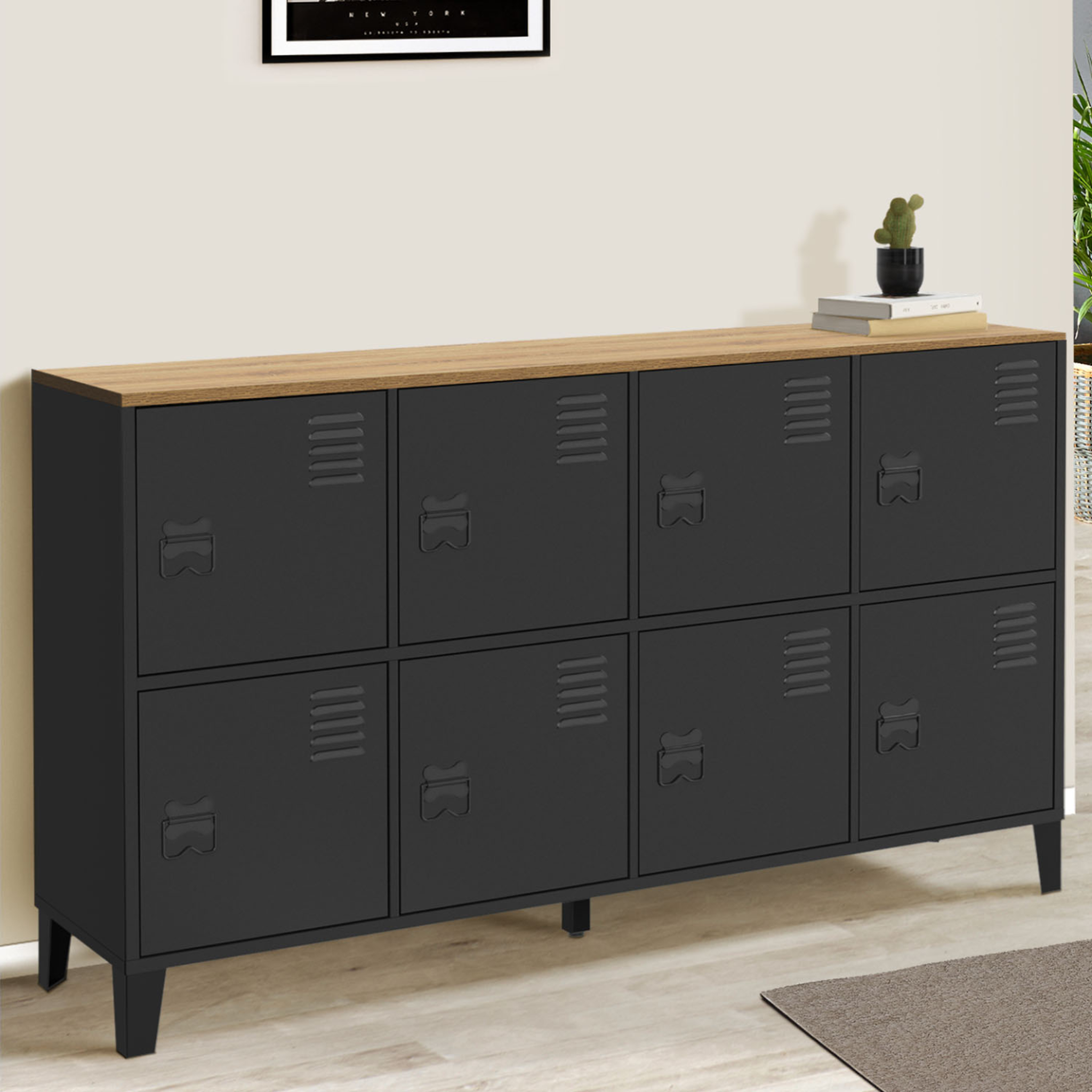 Voir la diapositive 2 : ID MARKET Buffet casier 139 cm ester 8 portes en métal noir plateau bois design industriel