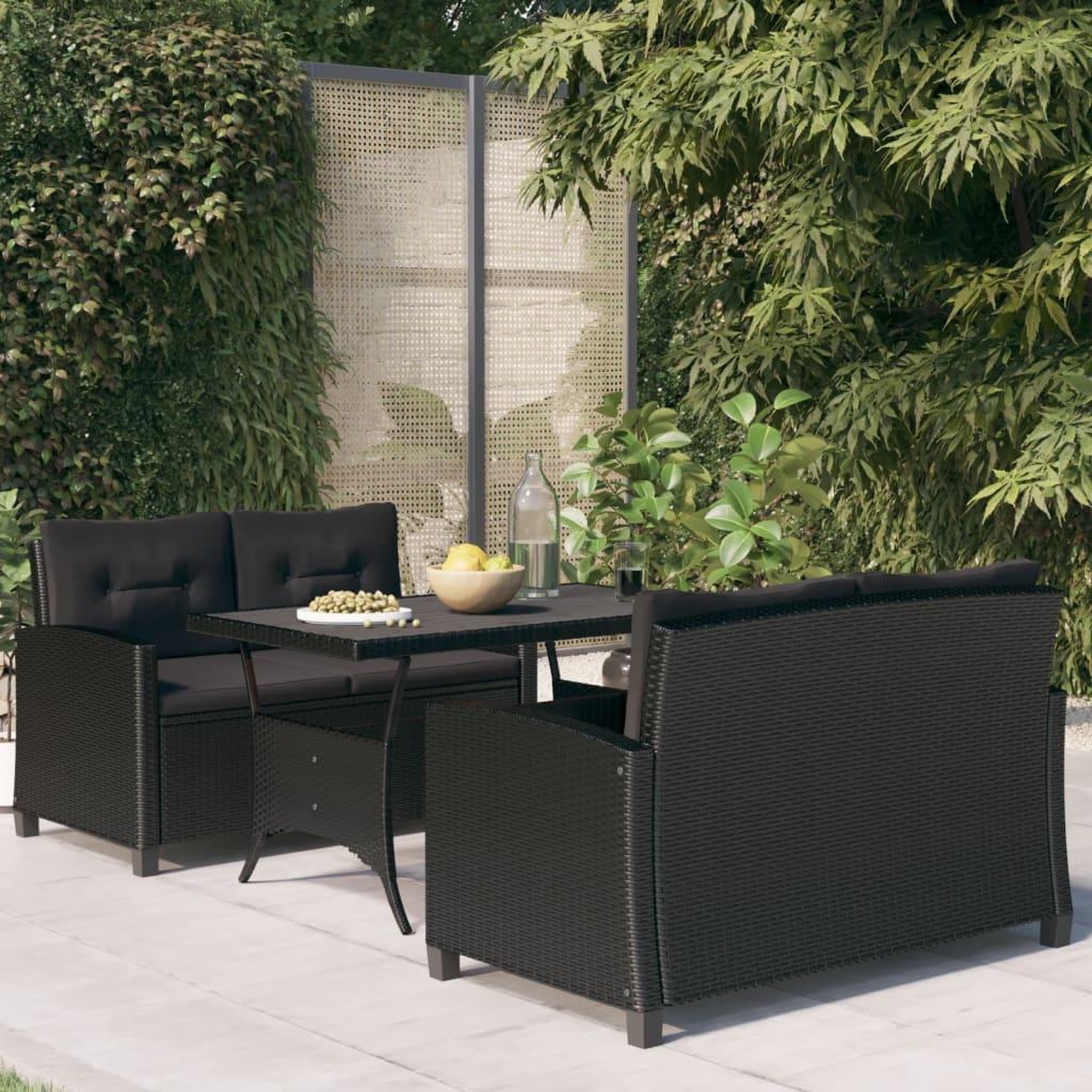 VIDAXL Ensemble a manger de jardin coussins noirs 3 pcs Resine tressee