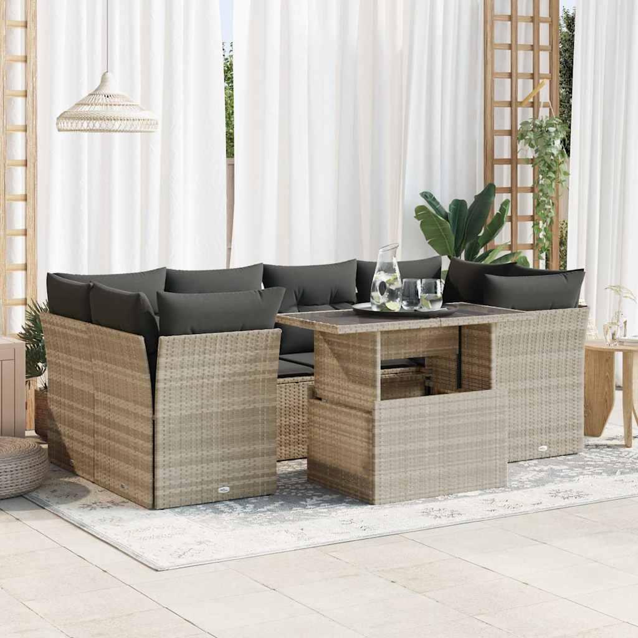 VIDAXL Salon de jardin avec coussins 7 pcs gris clair resine tressee